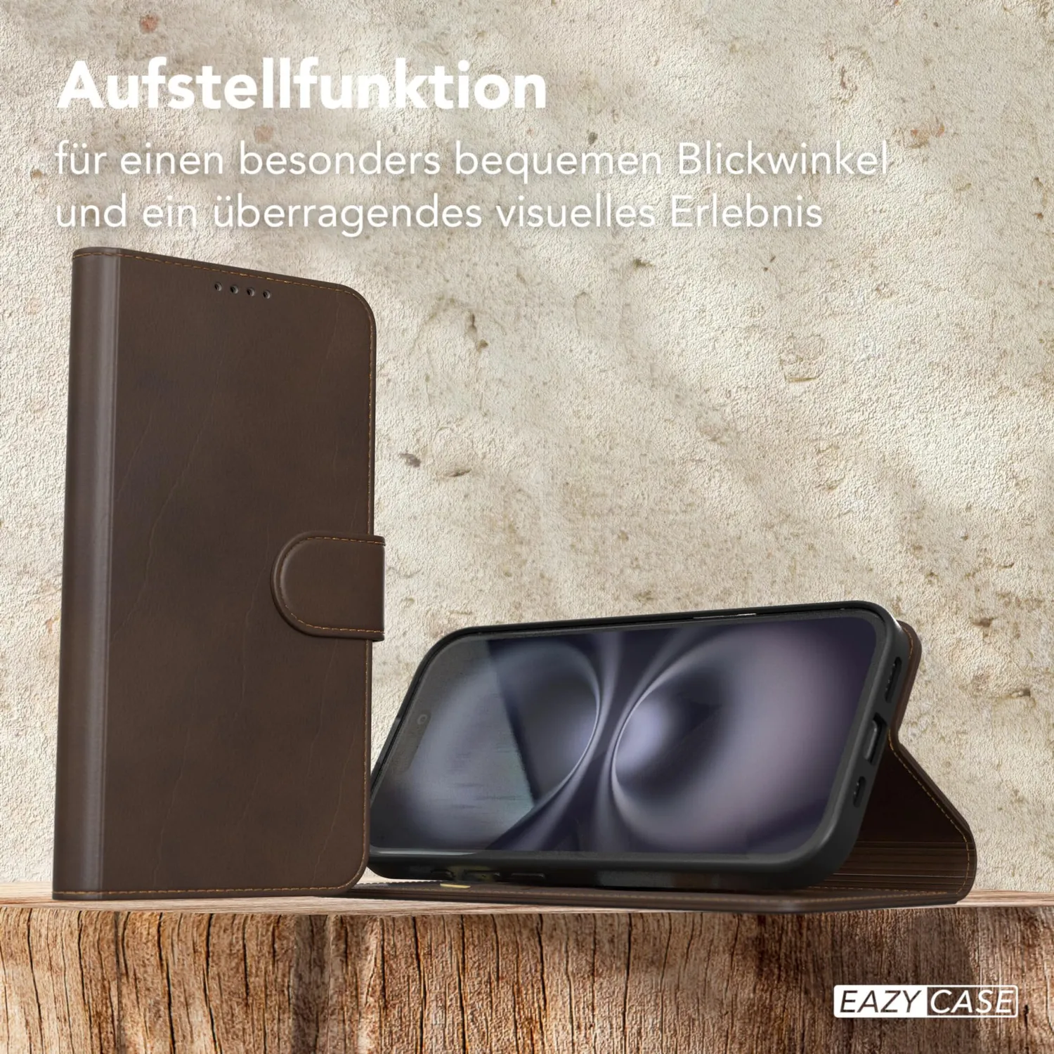 EAZY CASE iPhone 16 Klapphülle Braun Leder mit Kartenfach