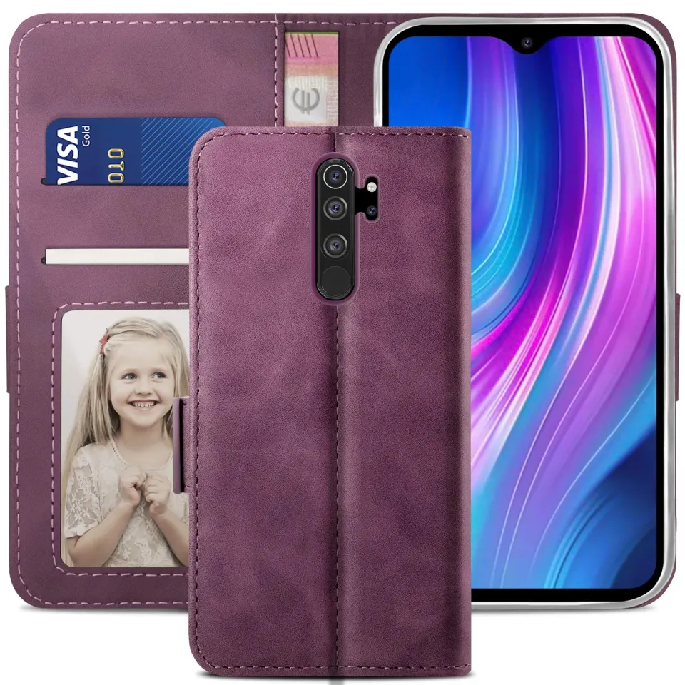 YATWIN Redmi Note 8 Pro Klapphülle Leder Weinrot RFID