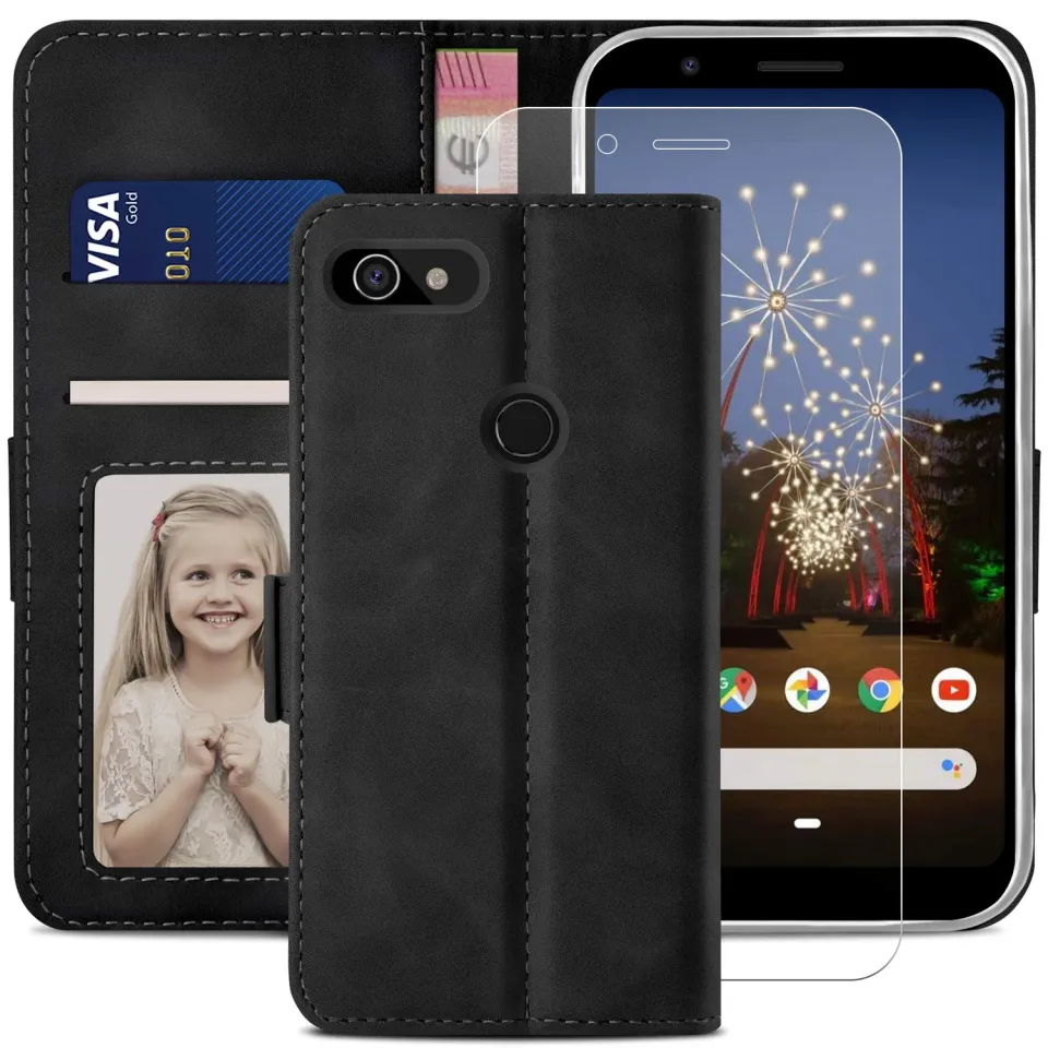 YATWIN Google Pixel 3A Klapphülle Schwarz Leder mit Glas