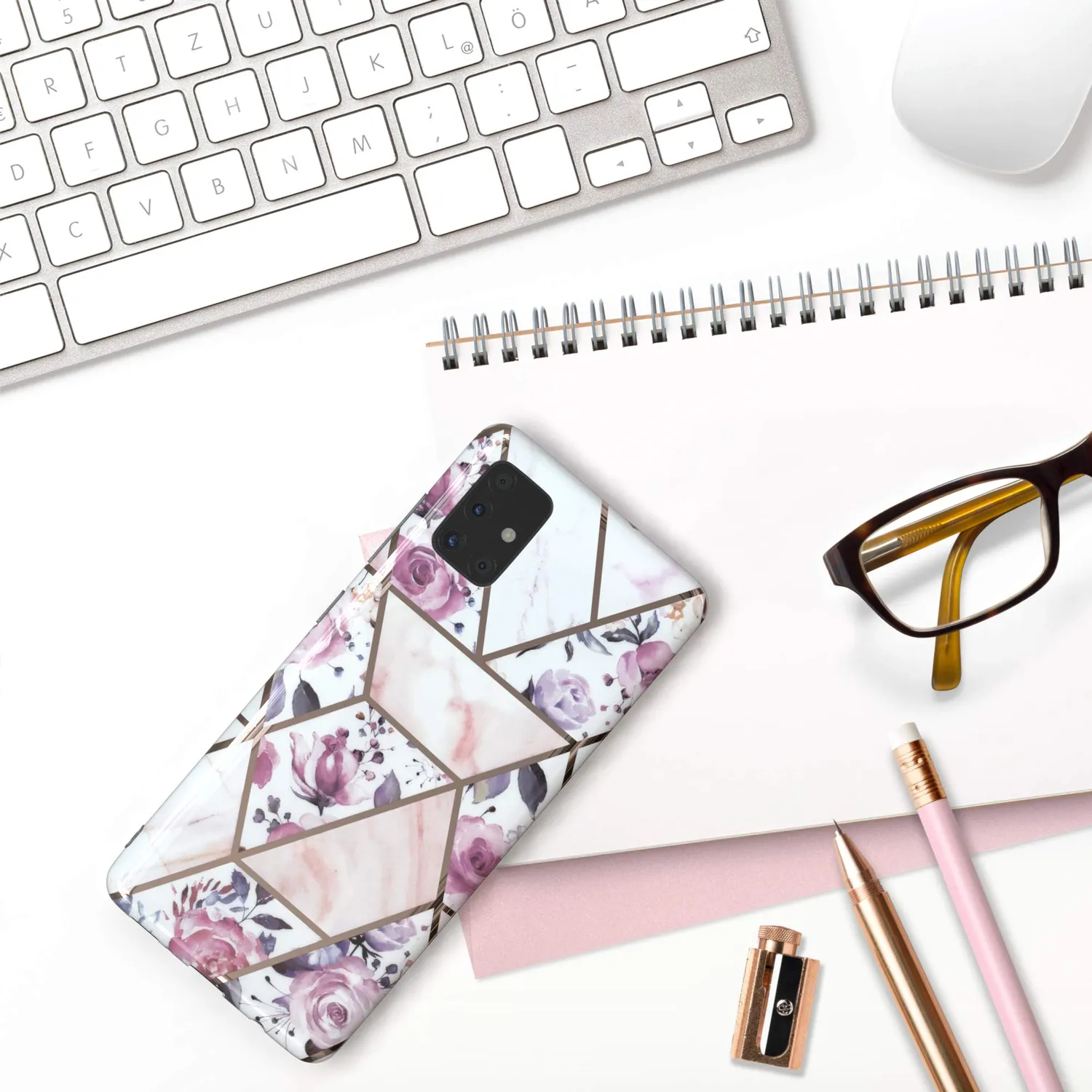 EAZY CASE Galaxy A51 Silikonhülle Blumen Rosé-Gold slim