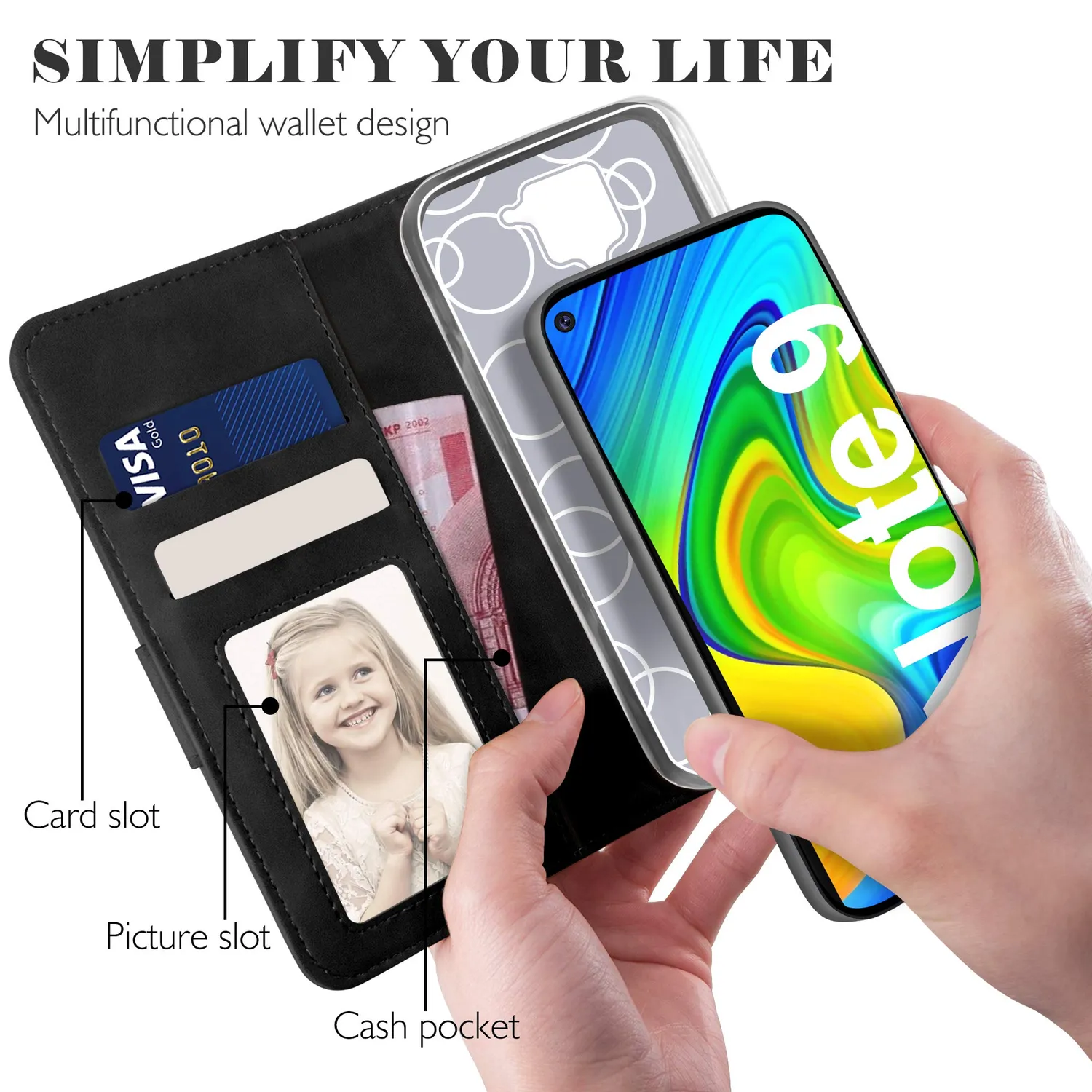 YATWIN Xiaomi Redmi Note 9 Klapphülle Leder Schwarz RFID