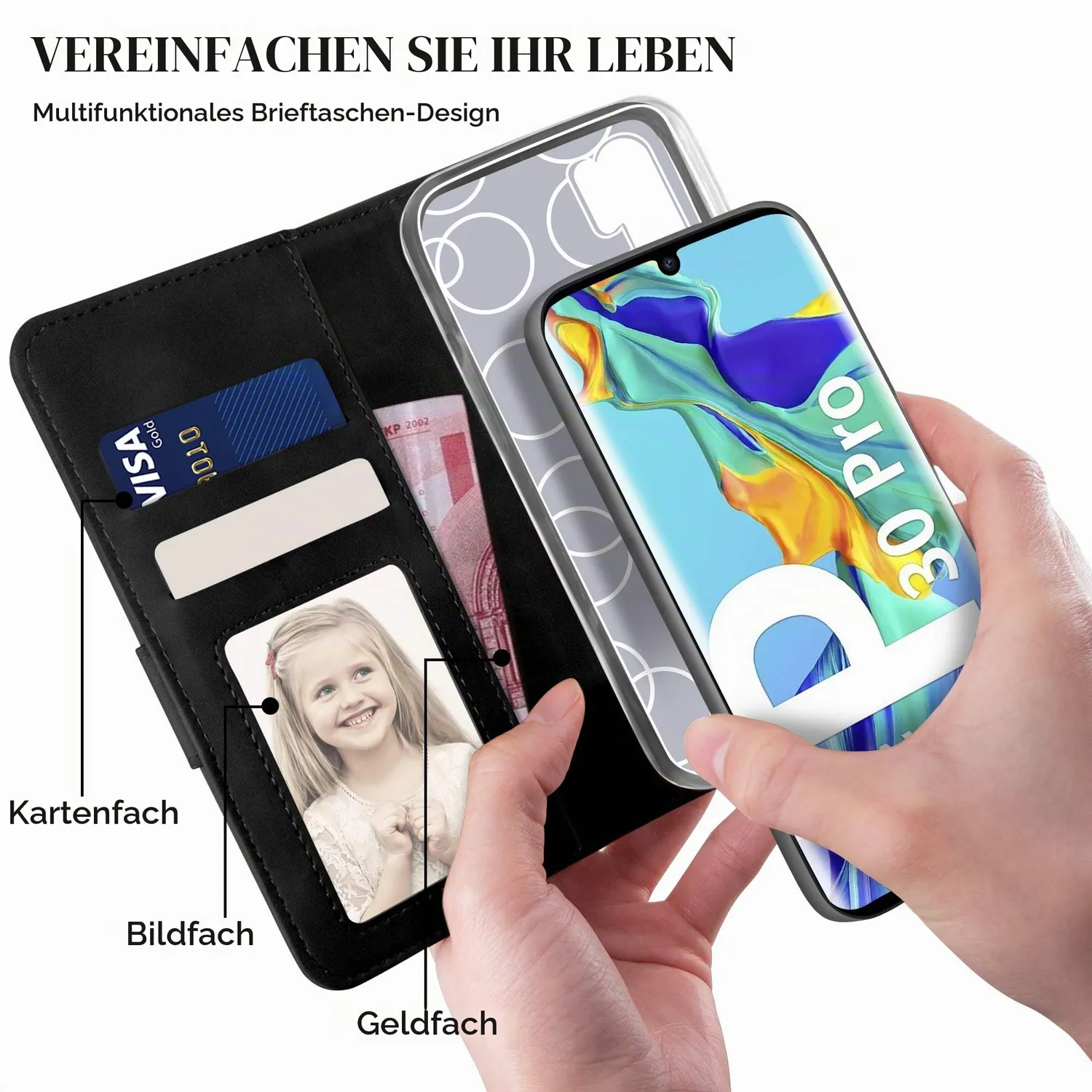 YATWIN Leder Klapphülle Huawei P30 Pro Schwarz Brieftasche RFID