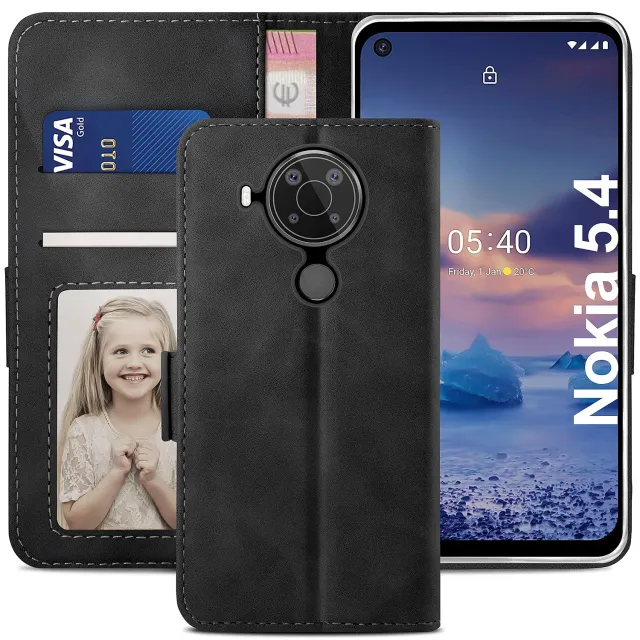 YATWIN Nokia 5.4 Klapphülle Schwarz Leder mit Kartenfach