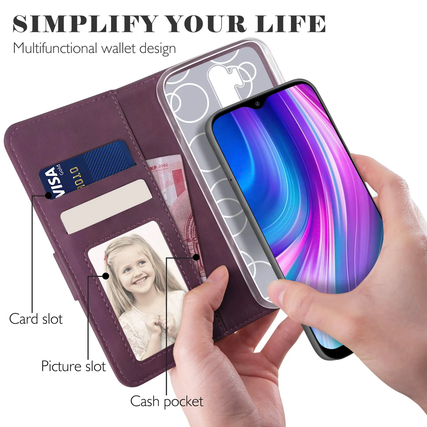 YATWIN Redmi Note 8 Pro Klapphülle Leder Weinrot RFID