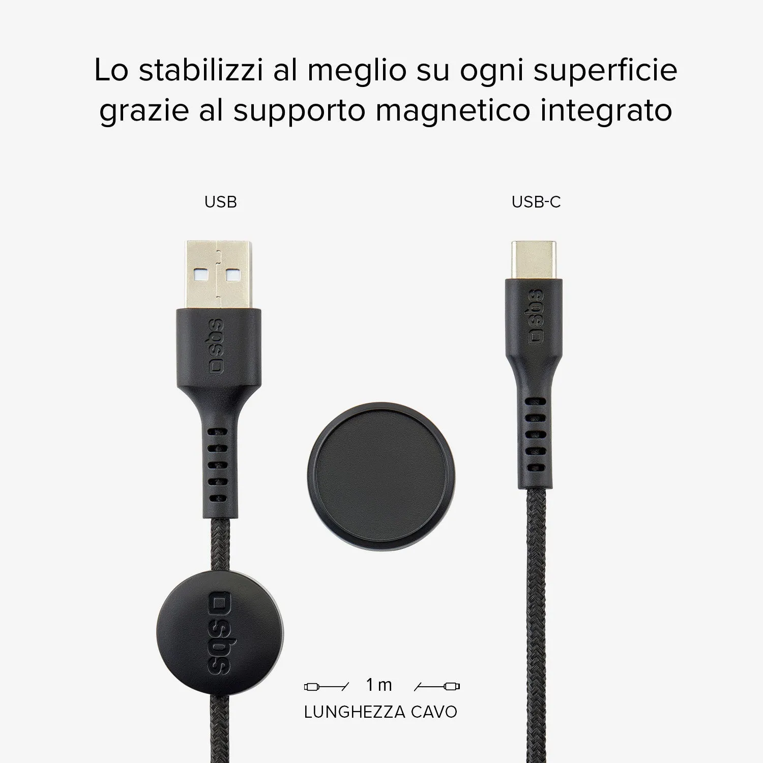 SBS USB-C Ladekabel 2 m Magnet-Halter Geflecht Daten