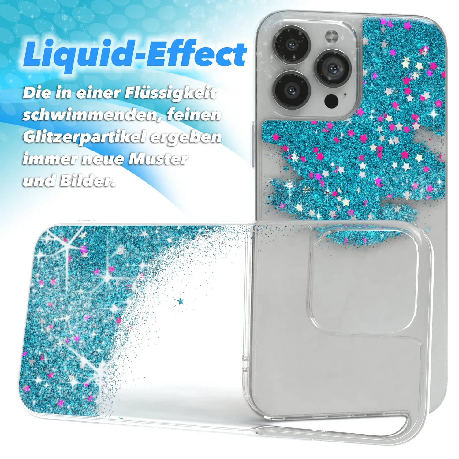 EAZY CASE iPhone 13 Pro Max Glitzerhülle Blau transparent