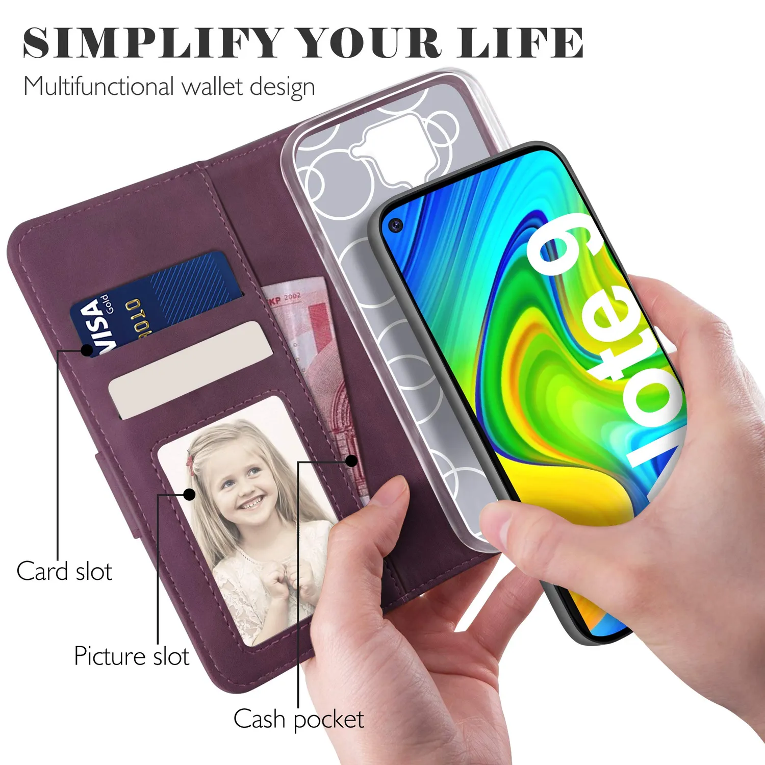 YATWIN Xiaomi Redmi Note 9 Klapphülle Leder Weinrot RFID