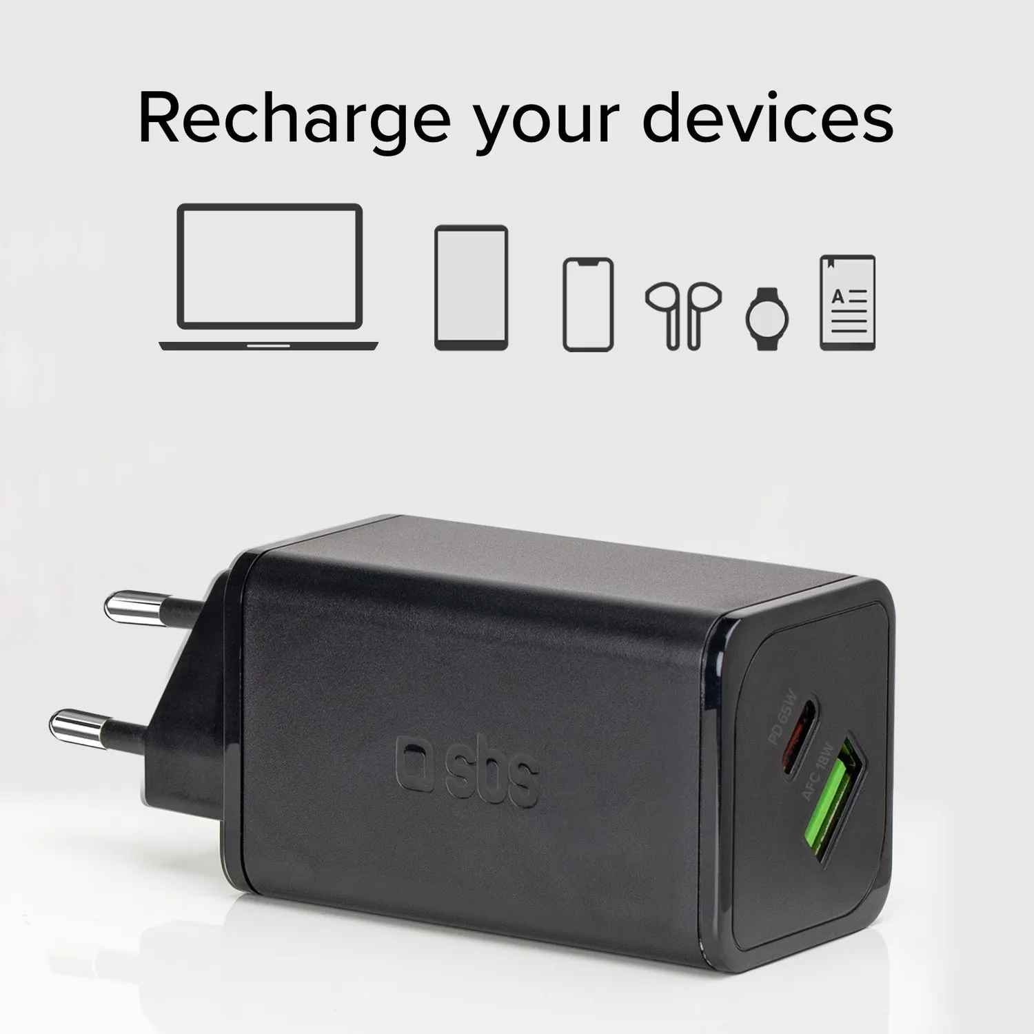 SBS GaN Ladegerät 65W USB-C PD + USB-A für Laptop kompakt