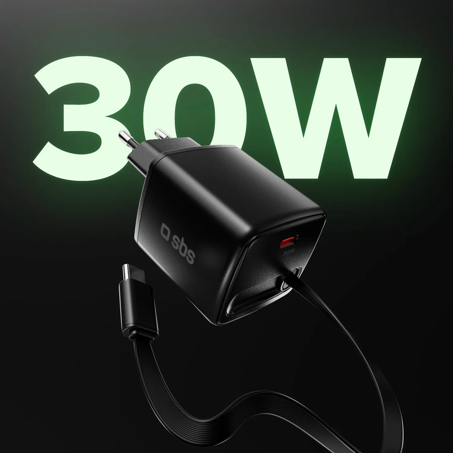 SBS GaN Ladegerät 30W USB-C Kabel 75cm schwarz