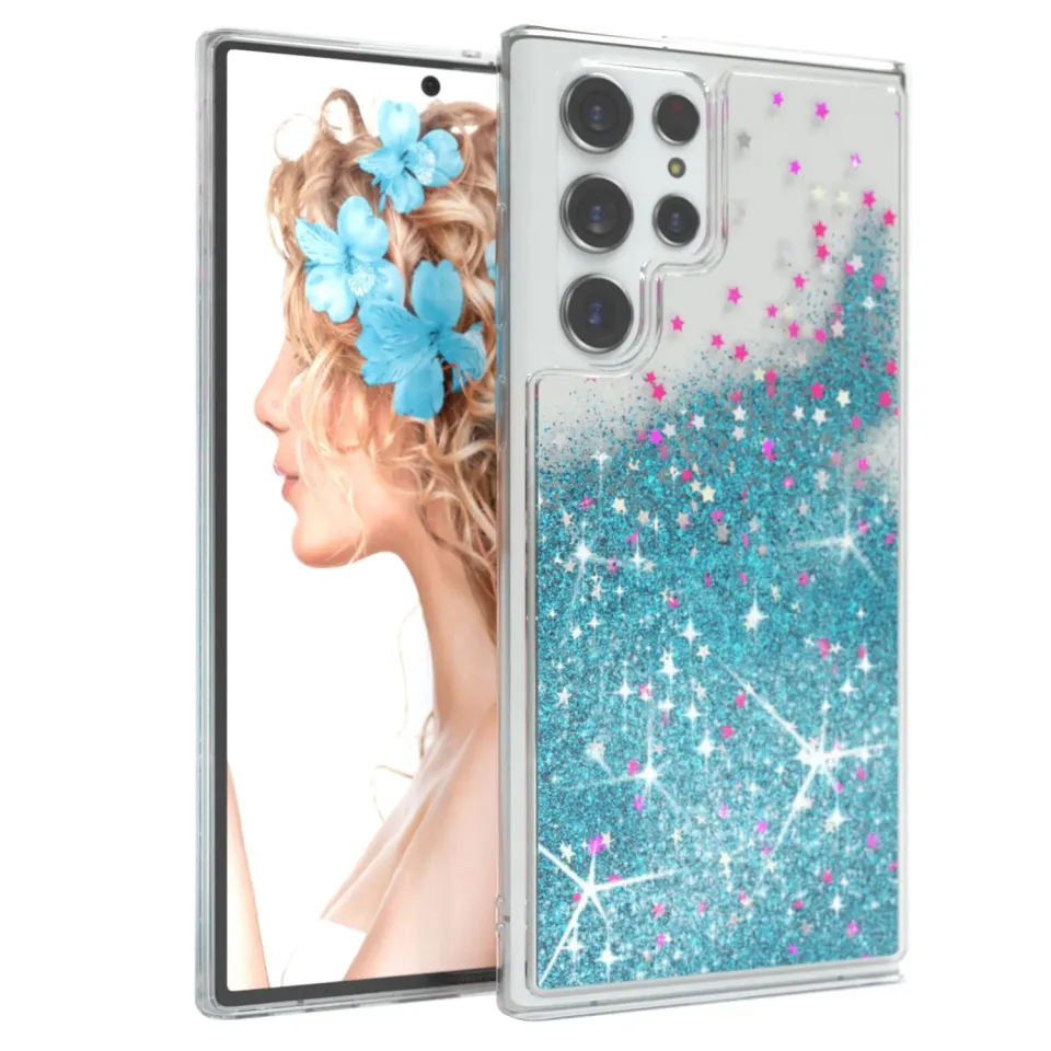 EAZY CASE Galaxy S22 Ultra Glitzer Handyhülle Liquid-Blau