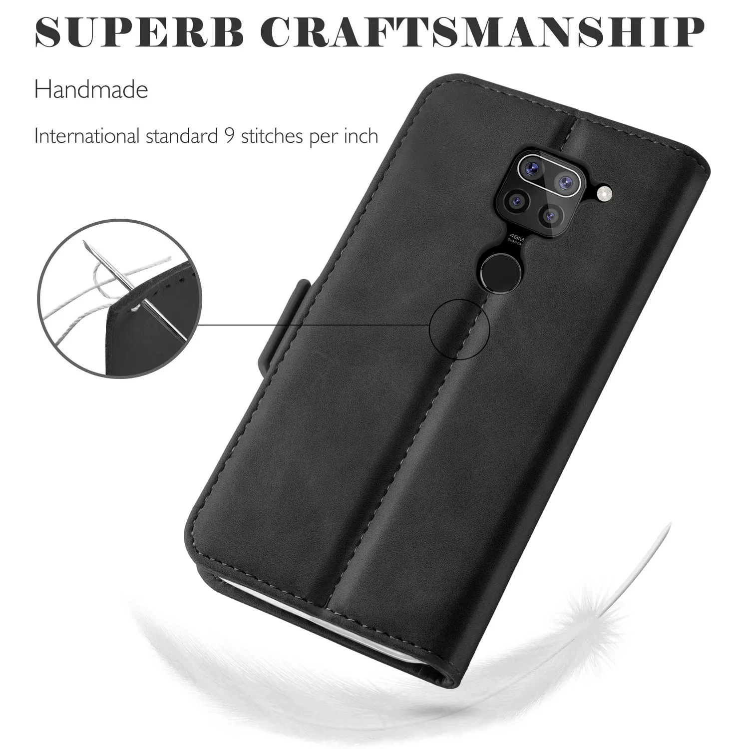 YATWIN Xiaomi Redmi Note 9 Klapphülle Leder Schwarz RFID