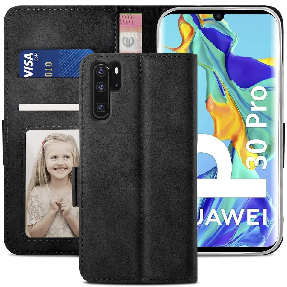 YATWIN Leder Klapphülle Huawei P30 Pro Schwarz Brieftasche RFID