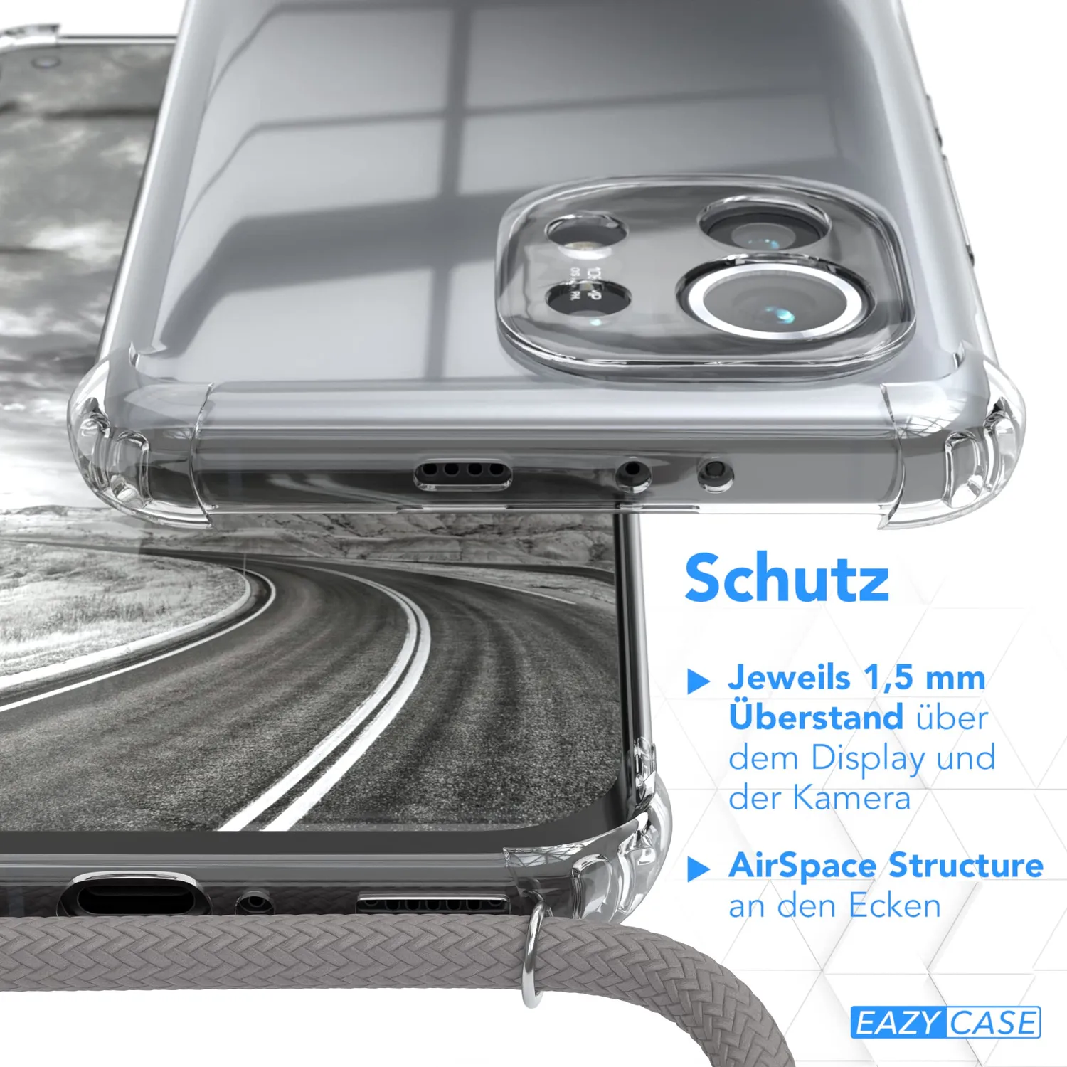EAZY CASE Mi 11 Handykette Hülle Anthrazit mit Umhängeband