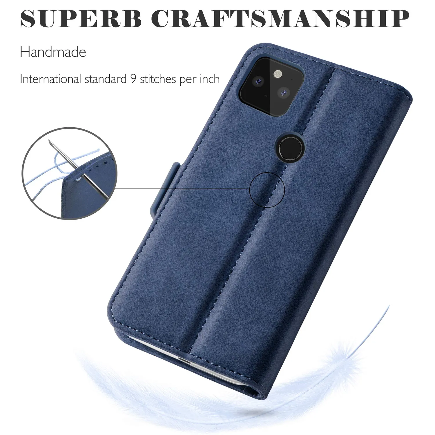 YATWIN Pixel 5 Handytasche Blau Leder mit Panzerglas