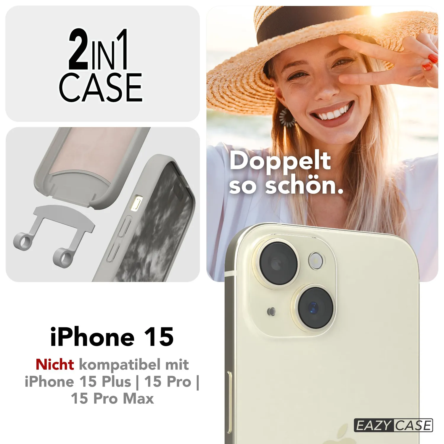 EAZY CASE 2in1 Handykette Hülle iPhone 15 Grau Karabiner stoßfest
