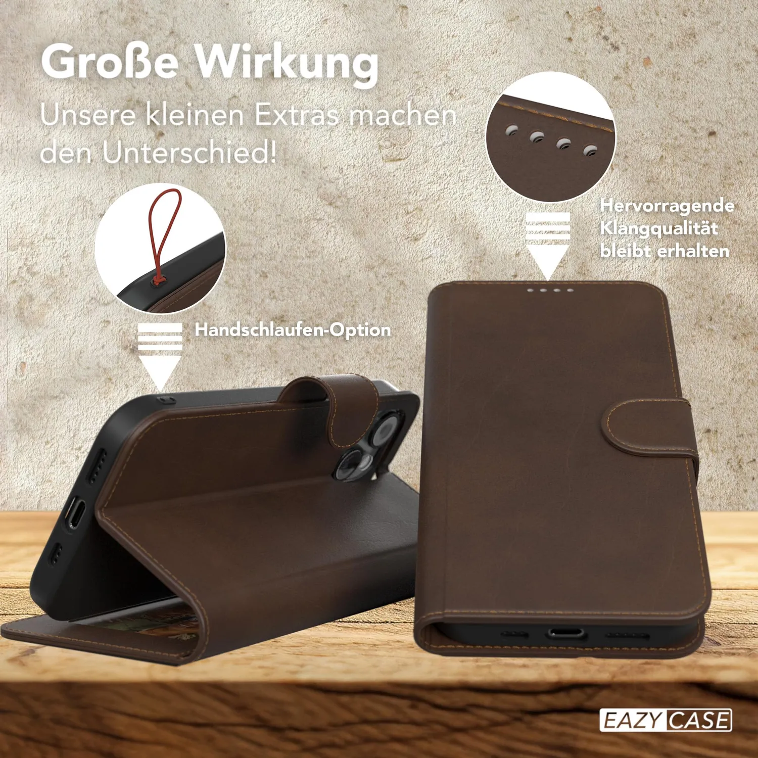 EAZY CASE iPhone 15 Klapphülle braun Kunstleder