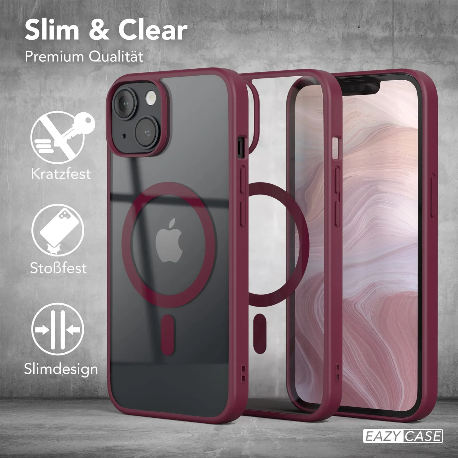 EAZY CASE Crystal iPhone 14 Silikonhülle Transparent Beere MagSafe