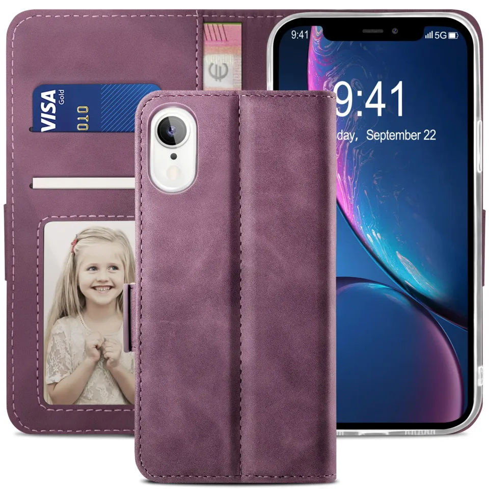 YATWIN iPhone XR Klapphülle Leder Weinrot mit Glas