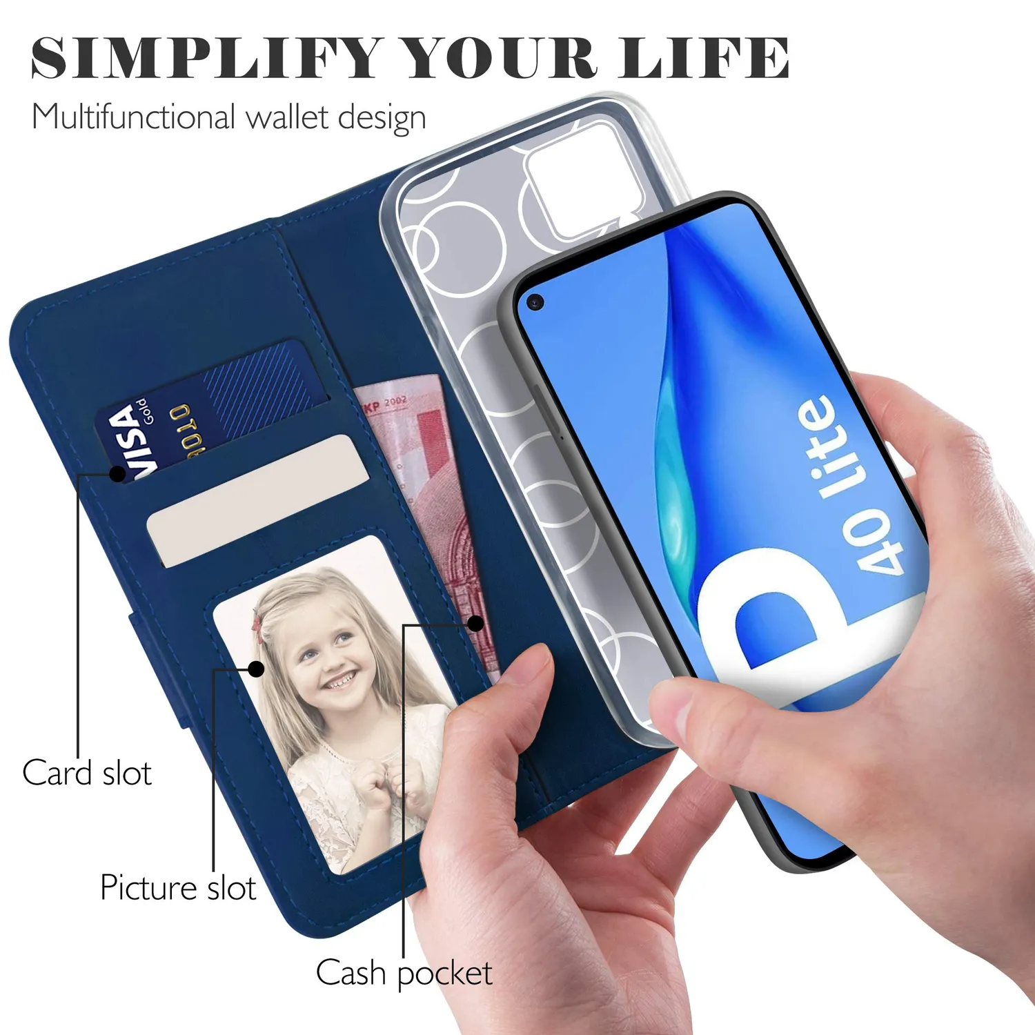 YATWIN Huawei P40 Lite 4G Klapphülle Blau mit Glas