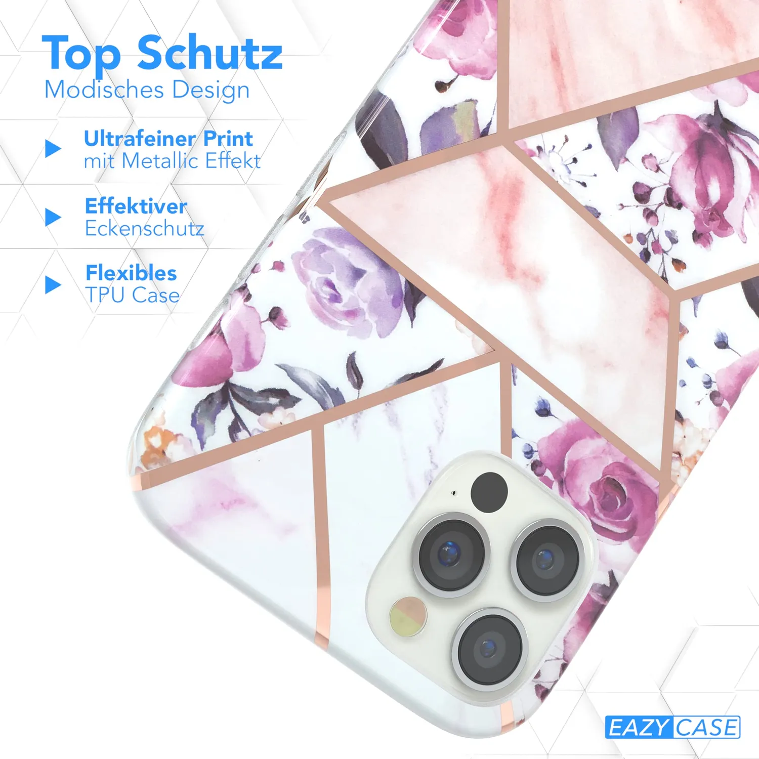 EAZY CASE iPhone 12/12 Pro Silikonhülle Blumen Rosé-Gold dünn