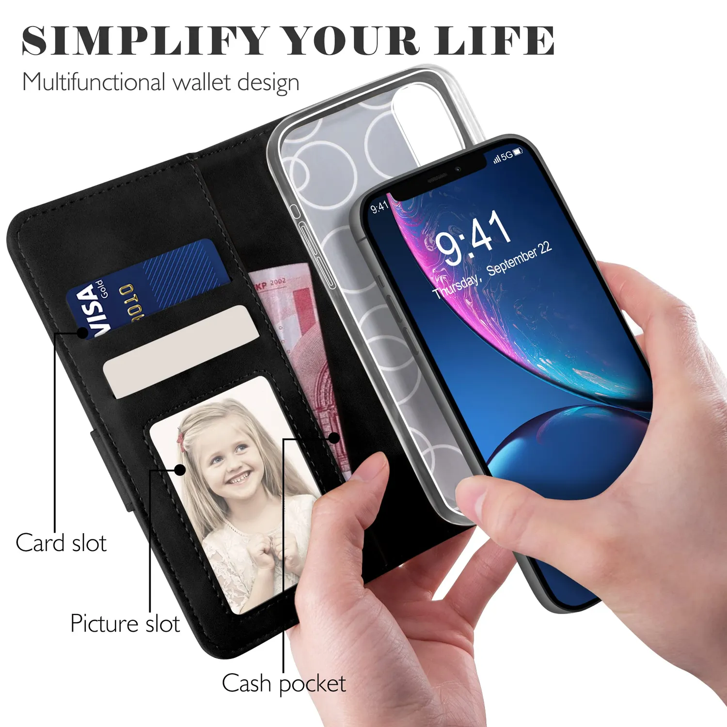 YATWIN iPhone XR Klapphülle Leder Schwarz mit Glas