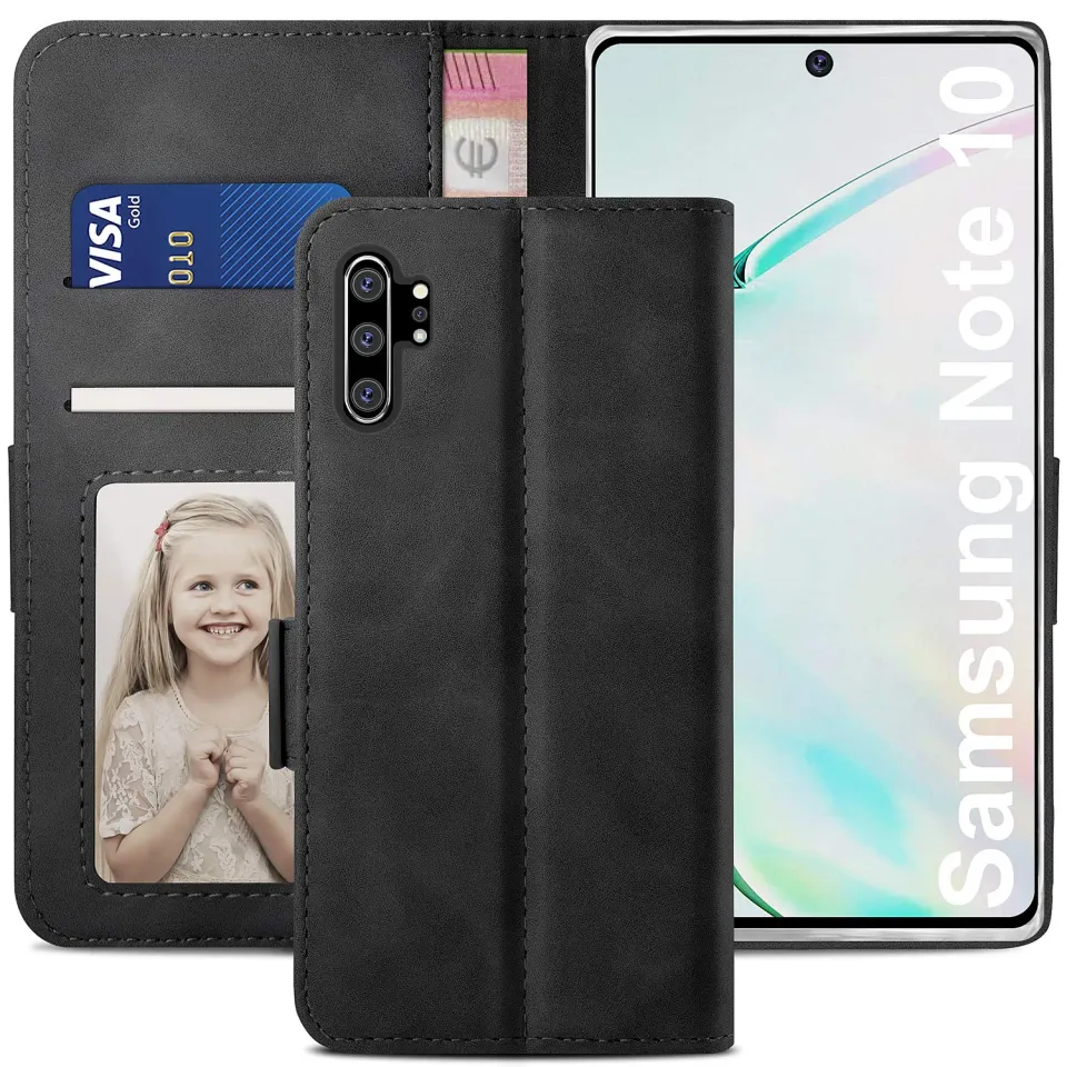 YATWIN Samsung Galaxy Note 10 Plus Klapphülle Schwarz Leder mit Kartenfach