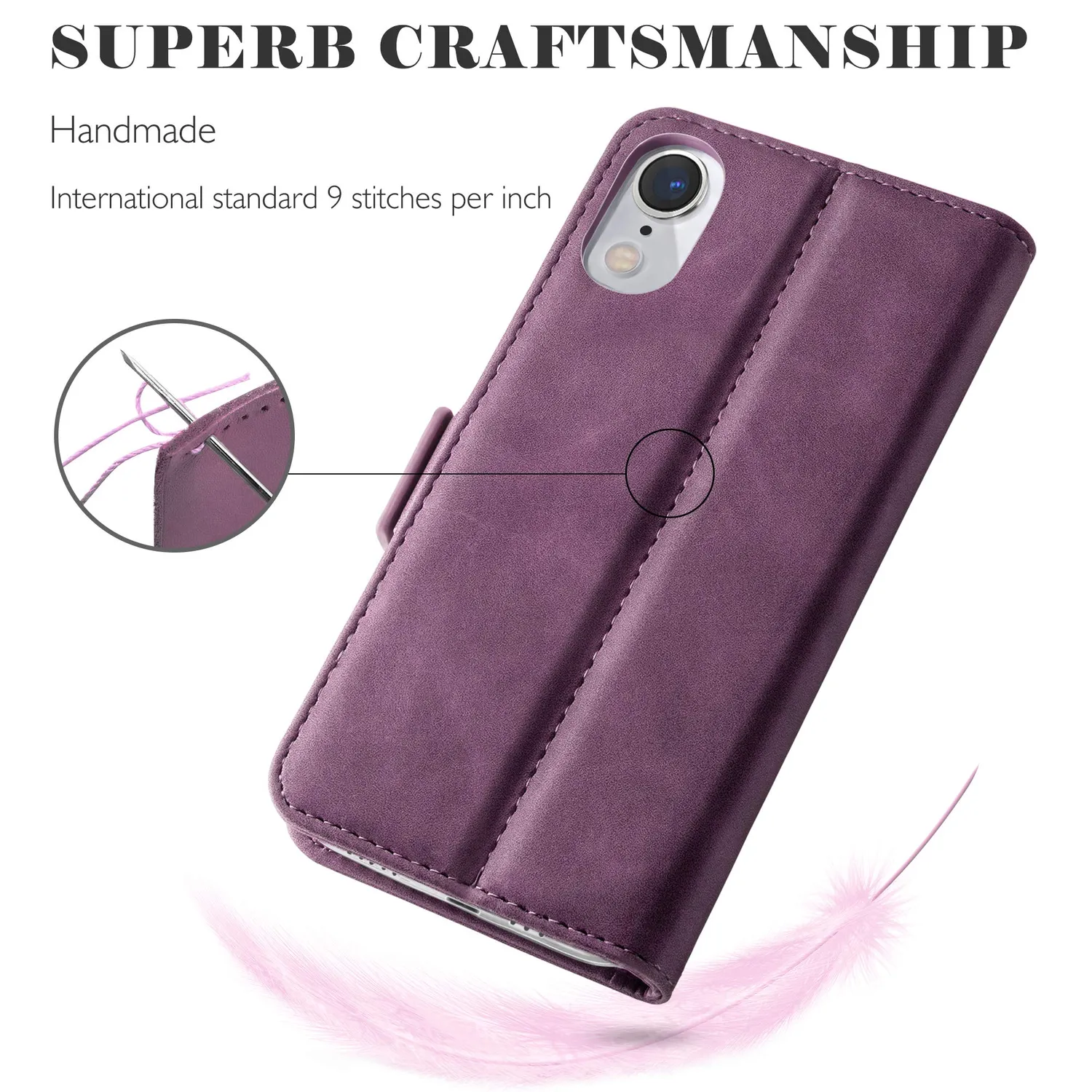 YATWIN iPhone XR Klapphülle Leder Weinrot mit Glas