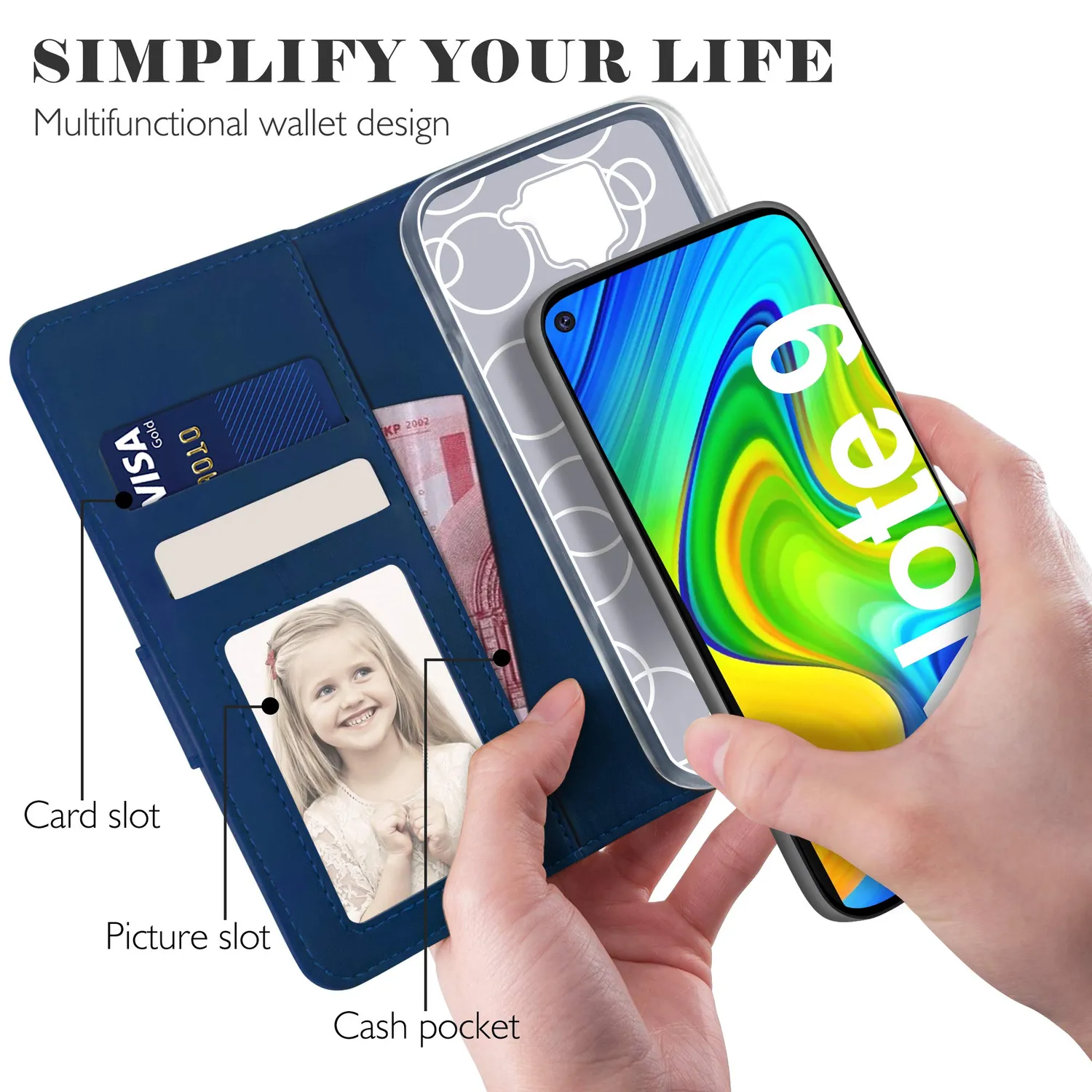 YATWIN Xiaomi Redmi Note 9 Klapphülle Leder Blau RFID