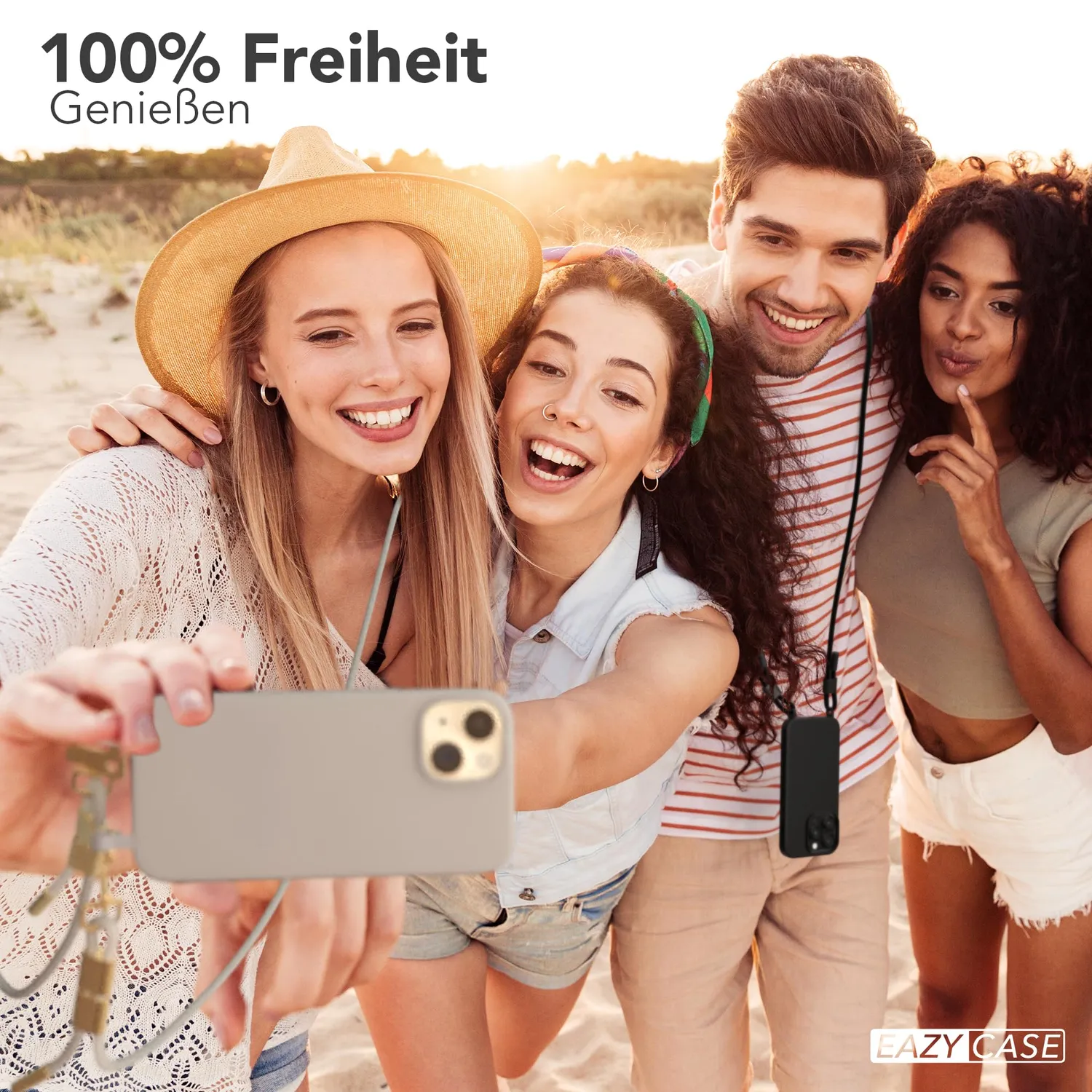 EAZY CASE 2in1 Handykette Hülle iPhone 15 Grau Karabiner stoßfest