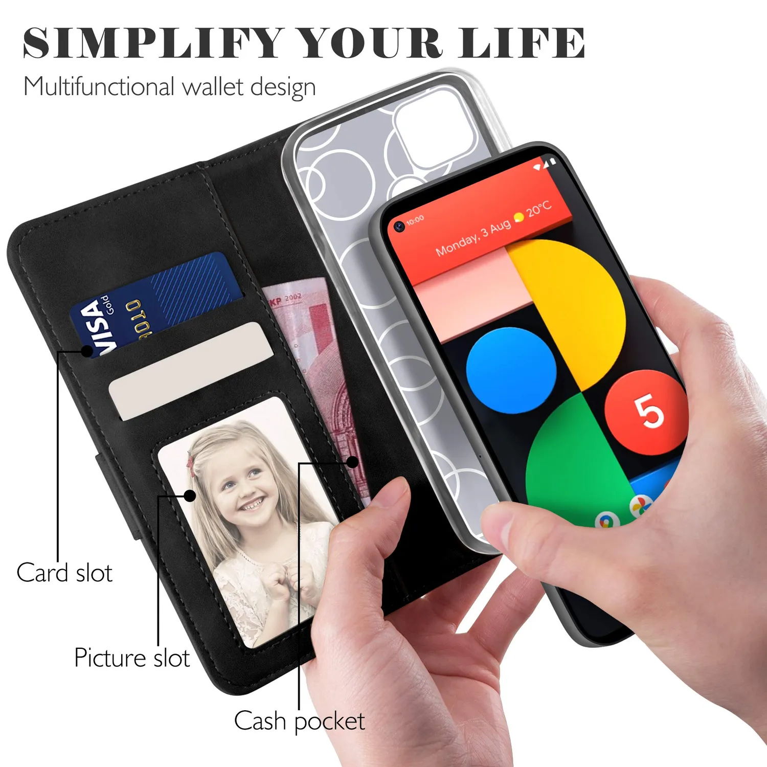 YATWIN Pixel 4a 5G Handytasche Schwarz mit Standfunktion