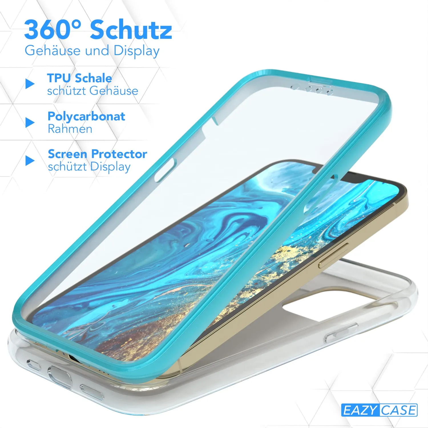 EAZY CASE 360 Grad iPhone 13 Pro Handyhülle Blau Displayschutz