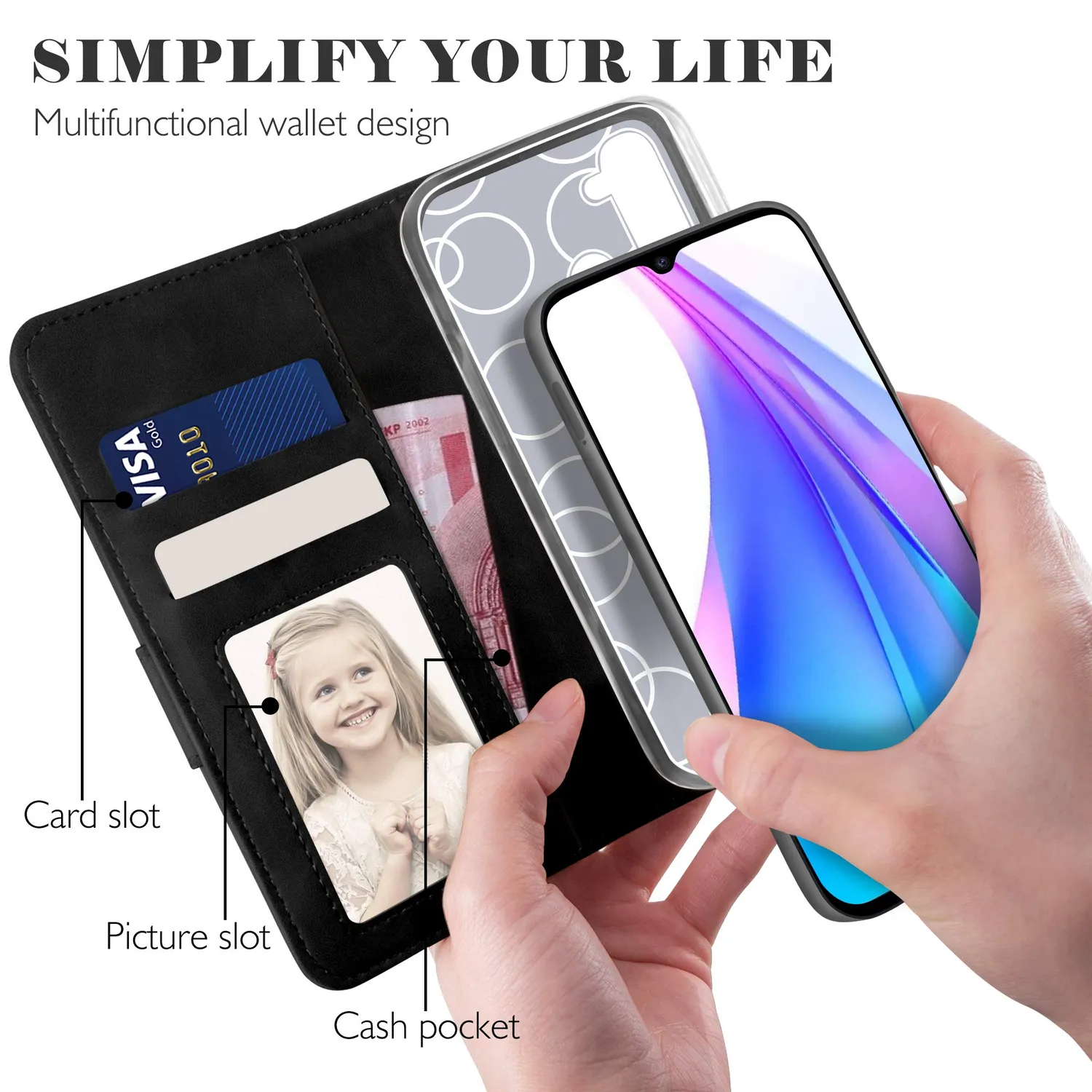 YATWIN Redmi Note 8T Klapphülle Leder Schwarz RFID