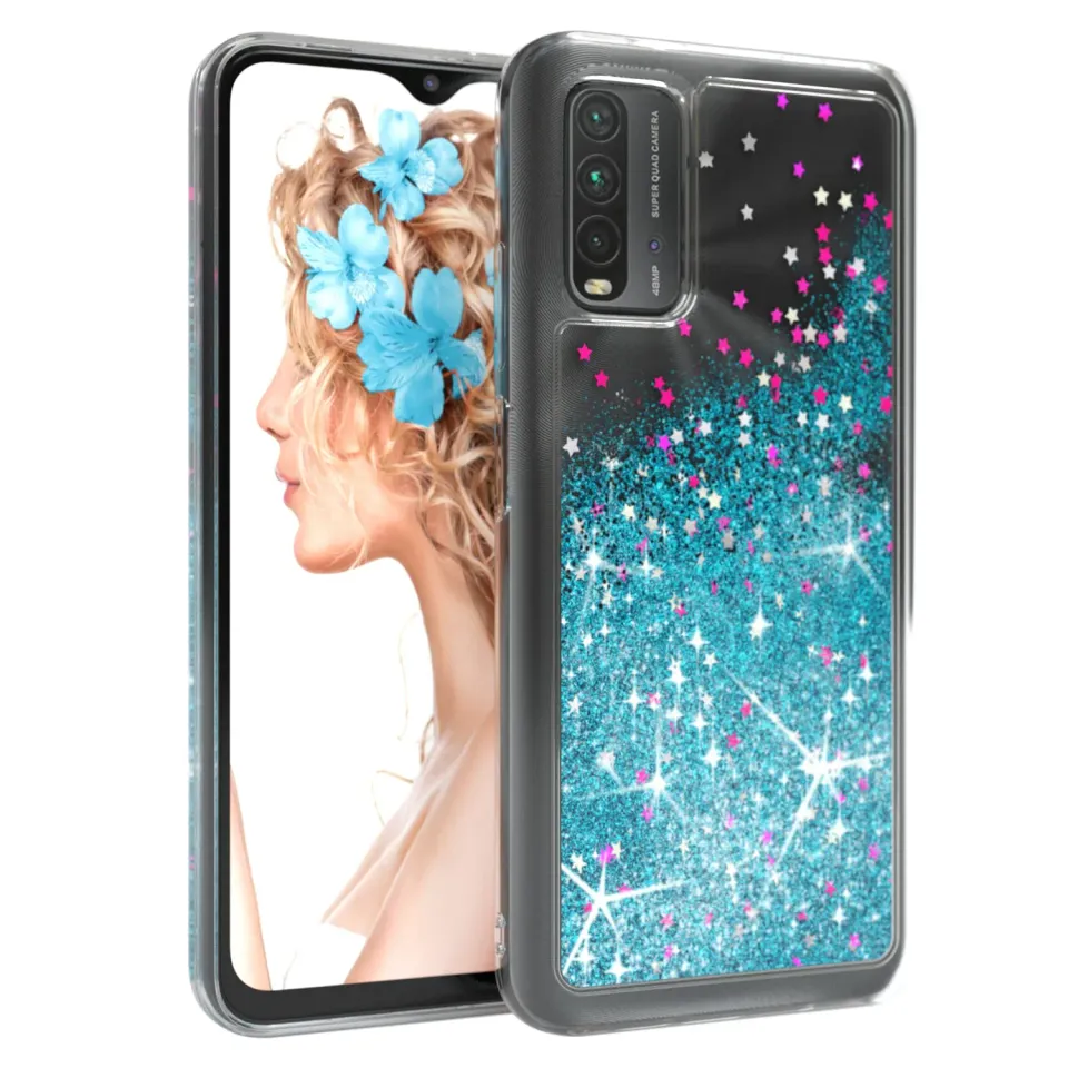EAZY CASE Redmi 9T Glitzerhülle Transparent Blau liquid