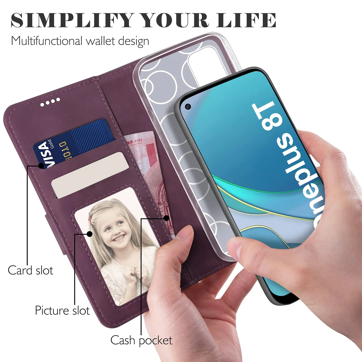 YATWIN OnePlus 8T Klapphülle Leder Weinrot