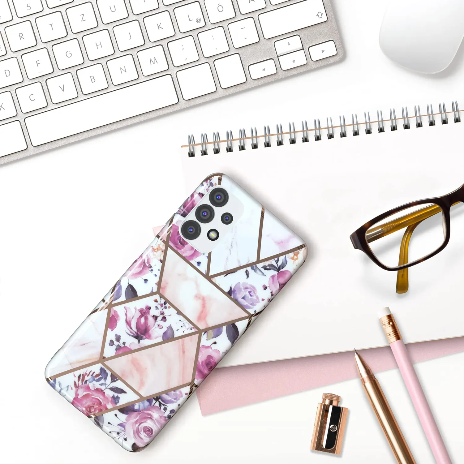 EAZY CASE Galaxy A32 5G Silikonhülle Blumen Rosé-Gold