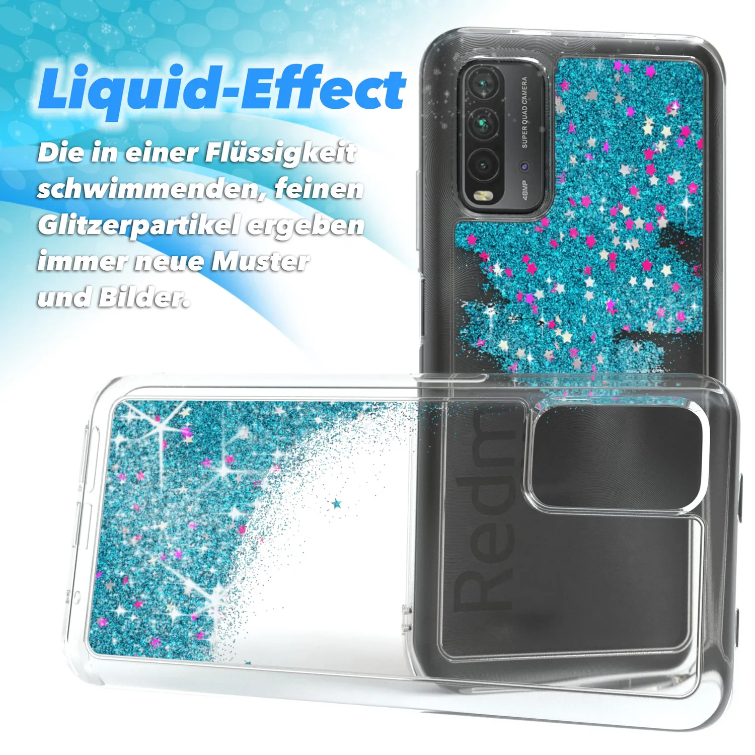 EAZY CASE Redmi 9T Glitzerhülle Transparent Blau liquid