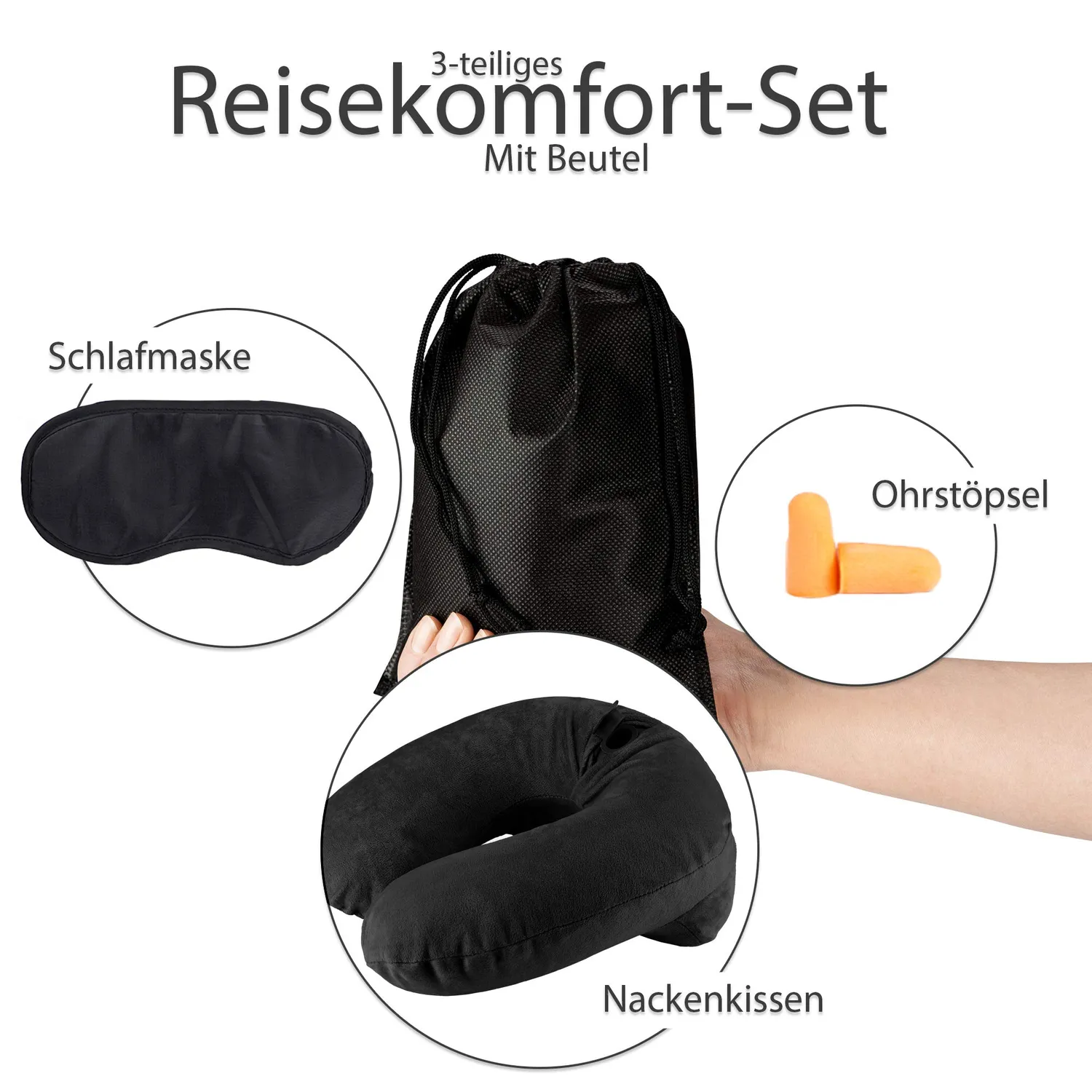 EAZY CASE Nackenkissen aufblasbar Schwarz mit Maske