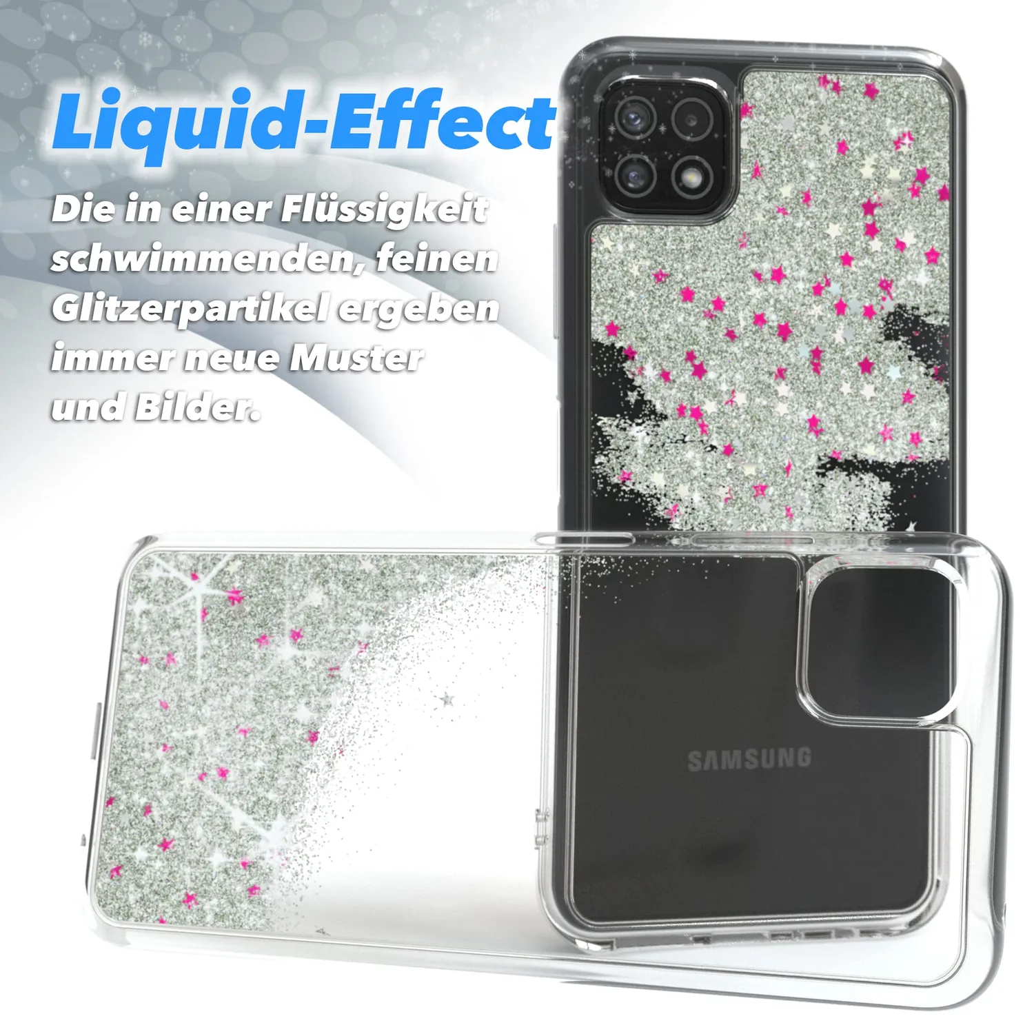 EAZY CASE Galaxy A22 5G Glitzer Handyhülle Liquid-Silber