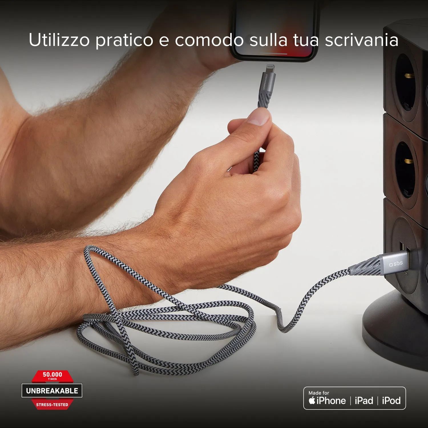 SBS Unbreakable Lightning Kabel 2m Grau-Schwarz