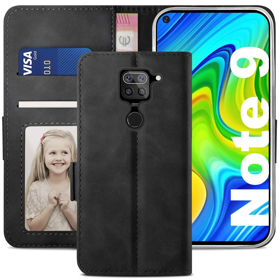 YATWIN Xiaomi Redmi Note 9 Klapphülle Leder Schwarz RFID