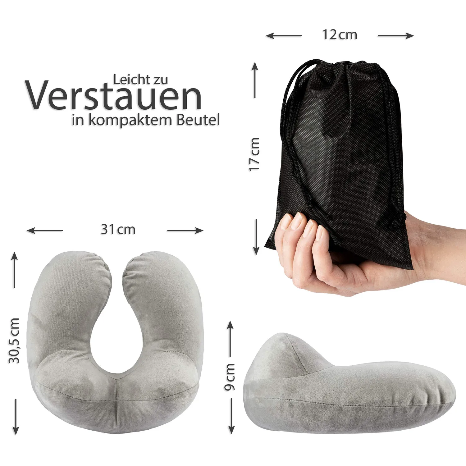 EAZY CASE Nackenkissen aufblasbar Grau mit Maske
