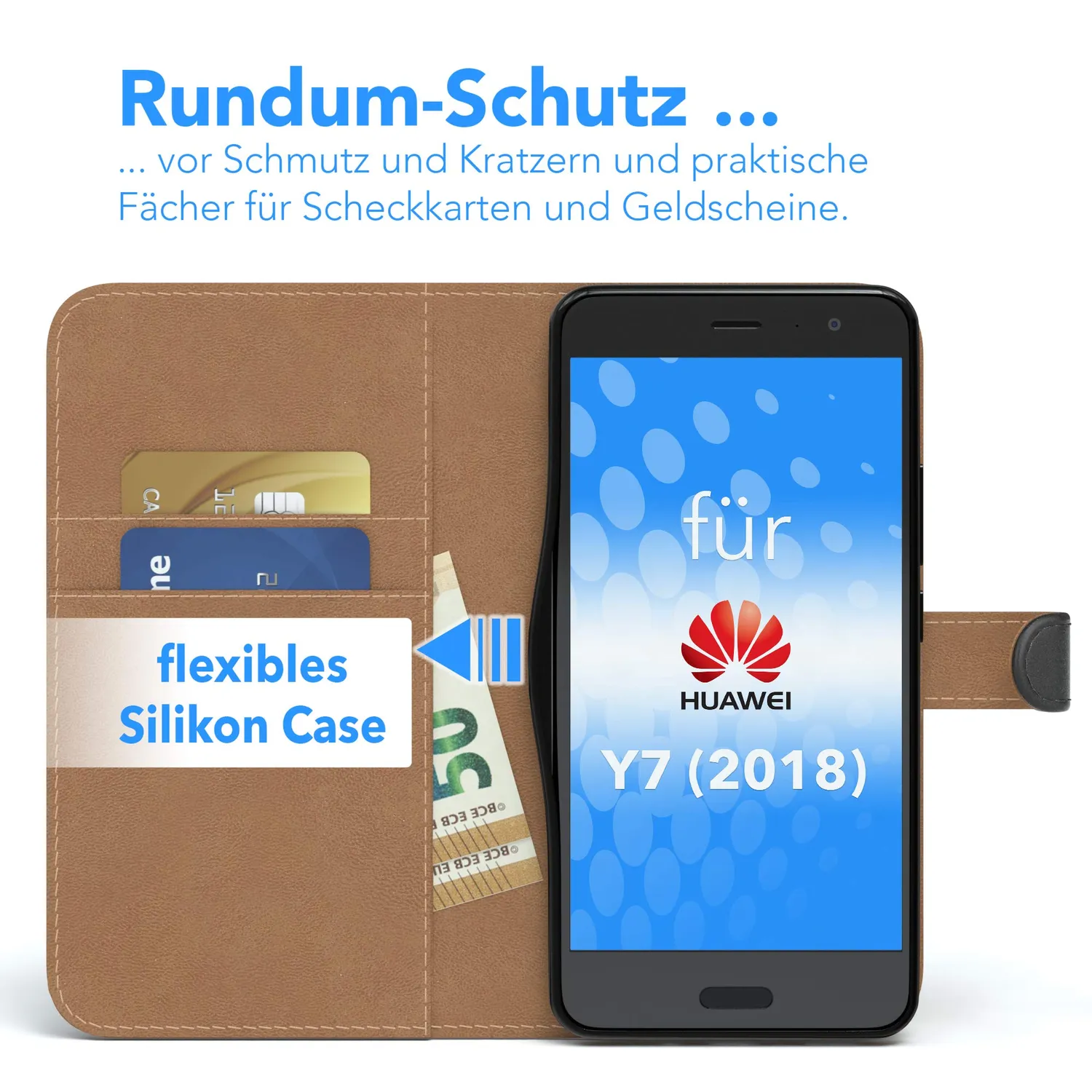 EAZY CASE Huawei Y7 Klapphülle Book Schwarz Kartenfach Leder