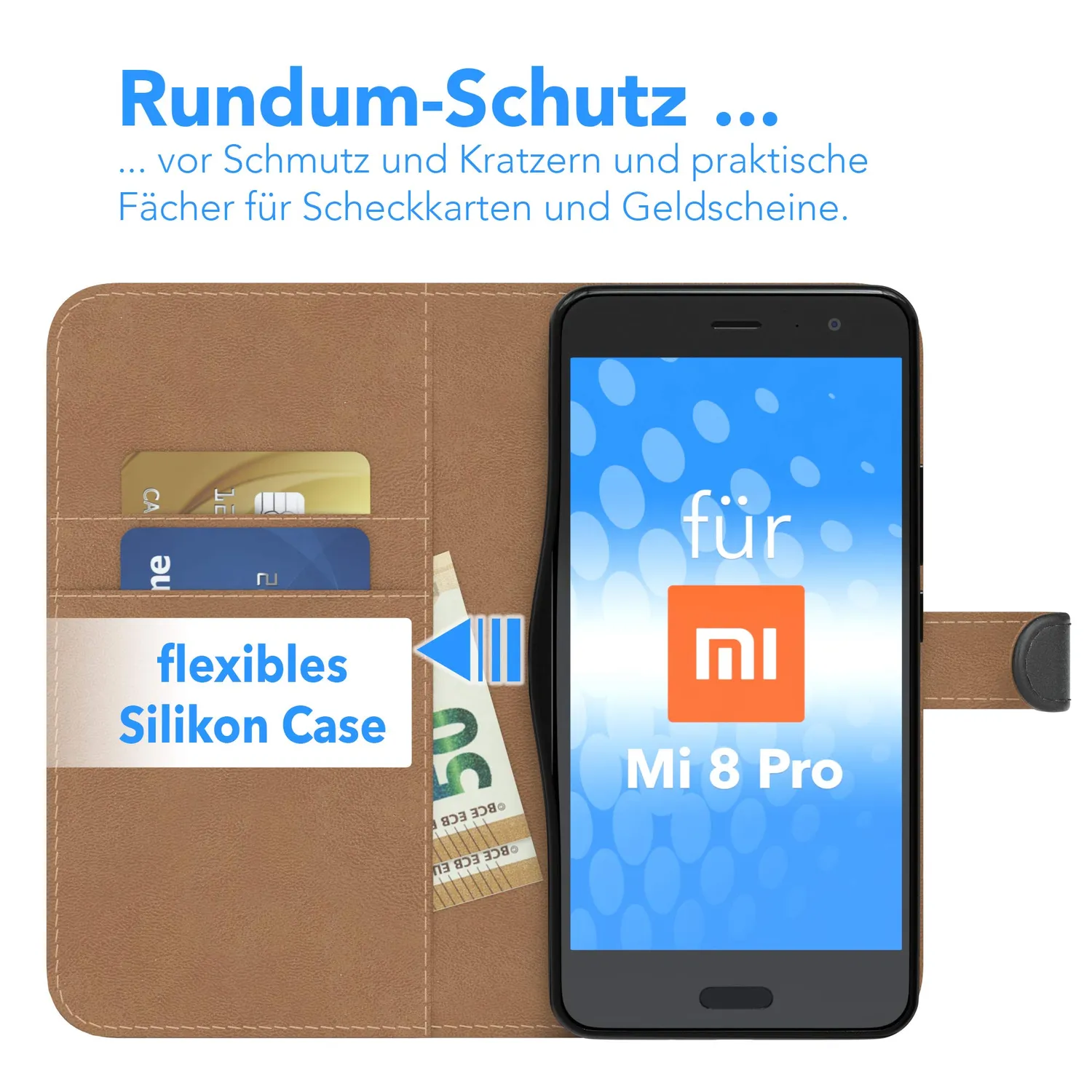 EAZY CASE Xiaomi Mi 8 Pro Klapphülle Book Schwarz Kartenfach