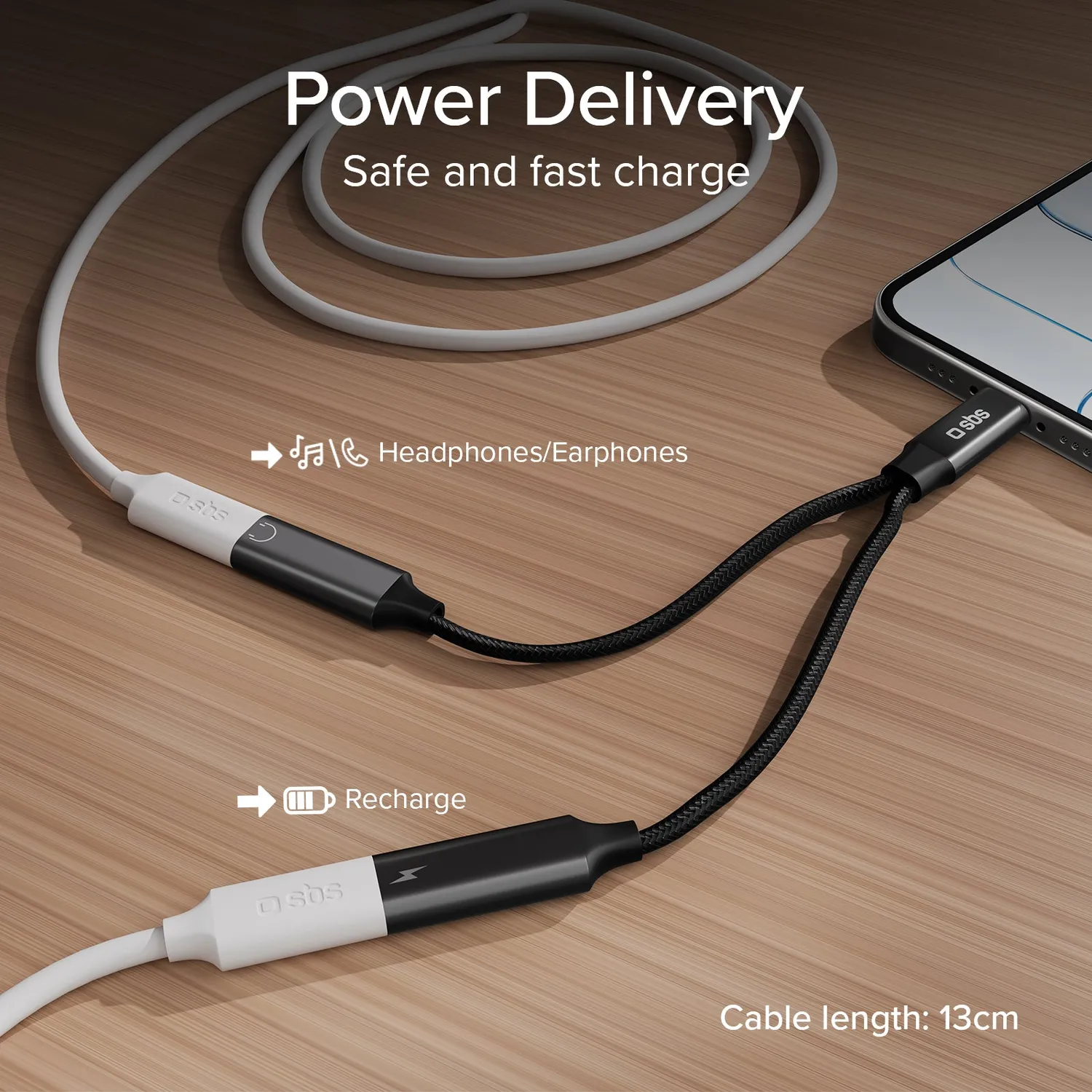 SBS USB-C Splitter Audio + 60W Laden 13 cm