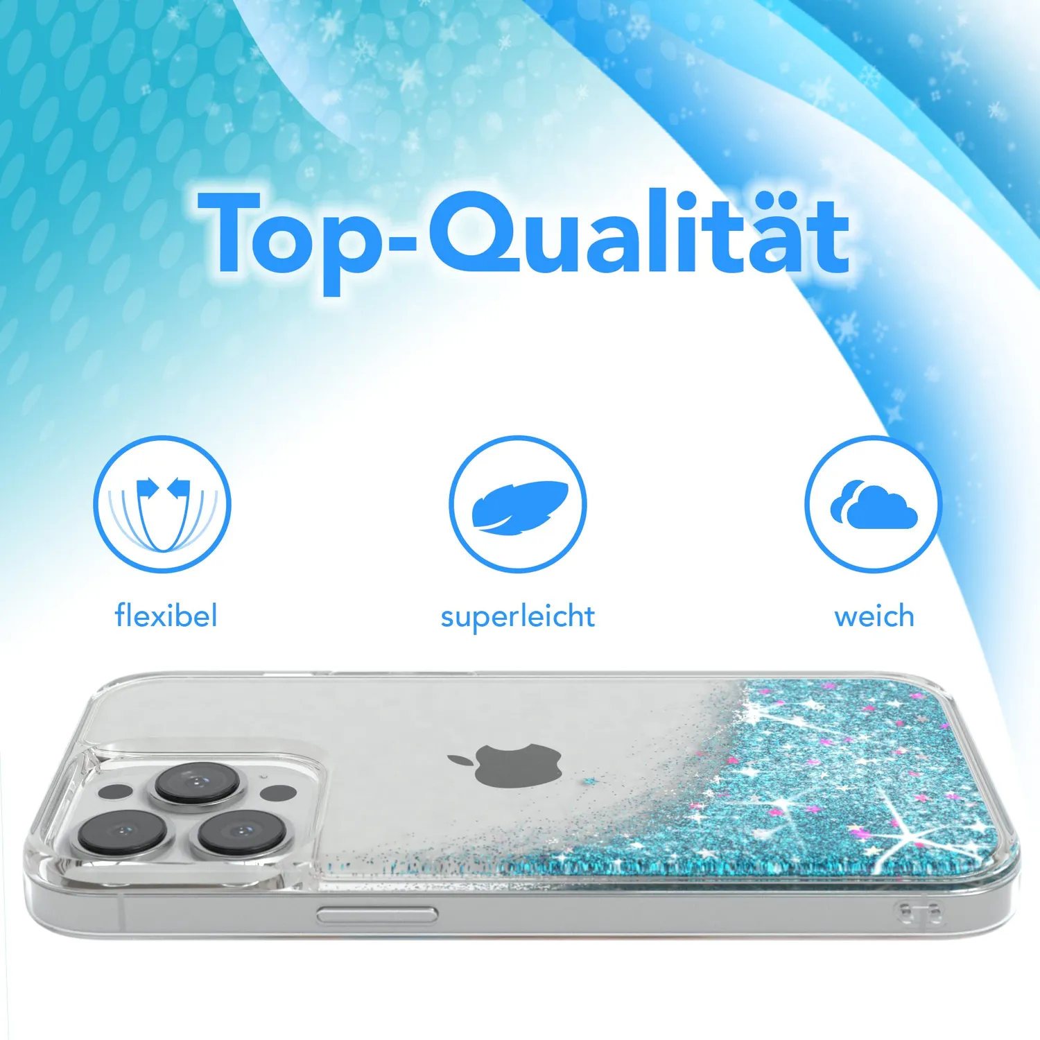 EAZY CASE Liquid Glitzer iPhone 13 Pro Handyhülle Blau Transparent