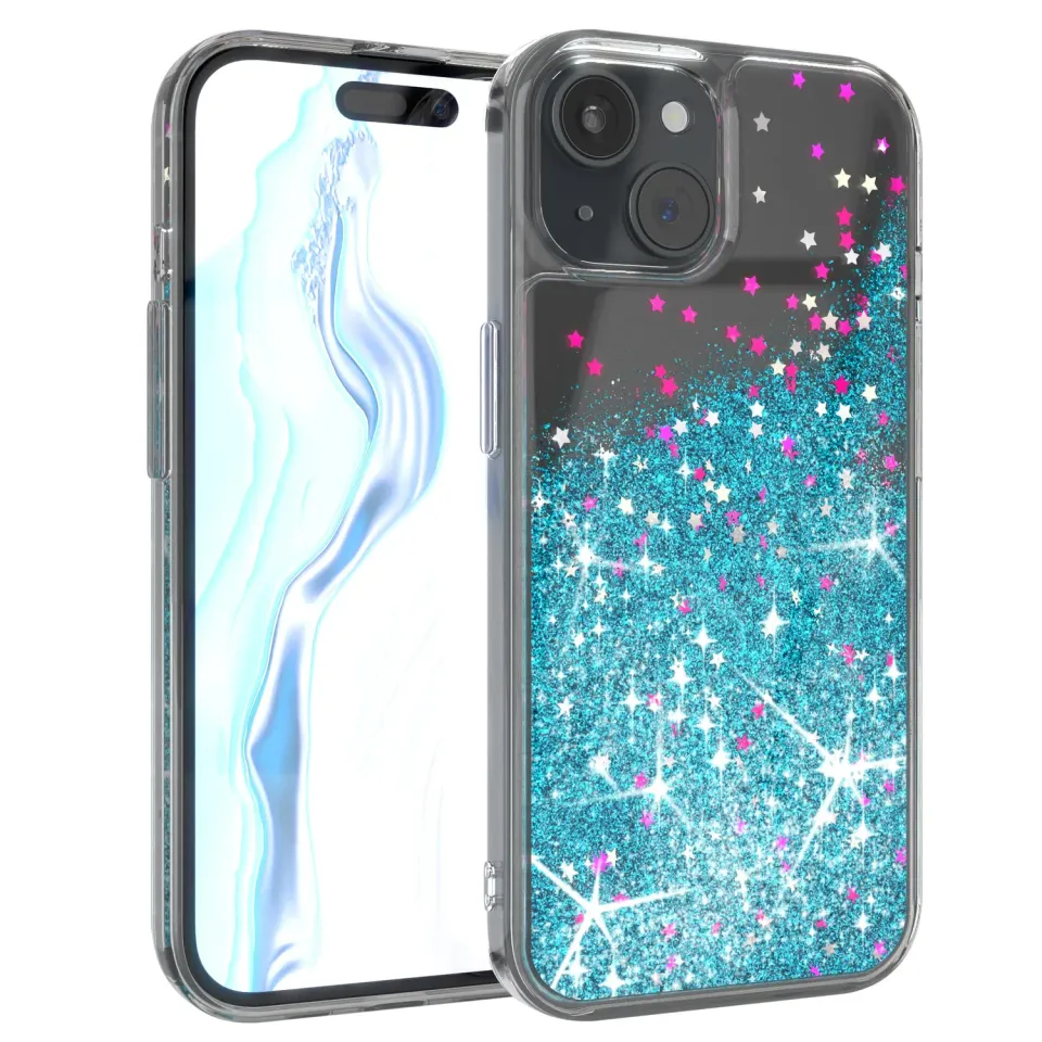 EAZY CASE iPhone 15 Glitzerhülle Liquid Transparent Blau