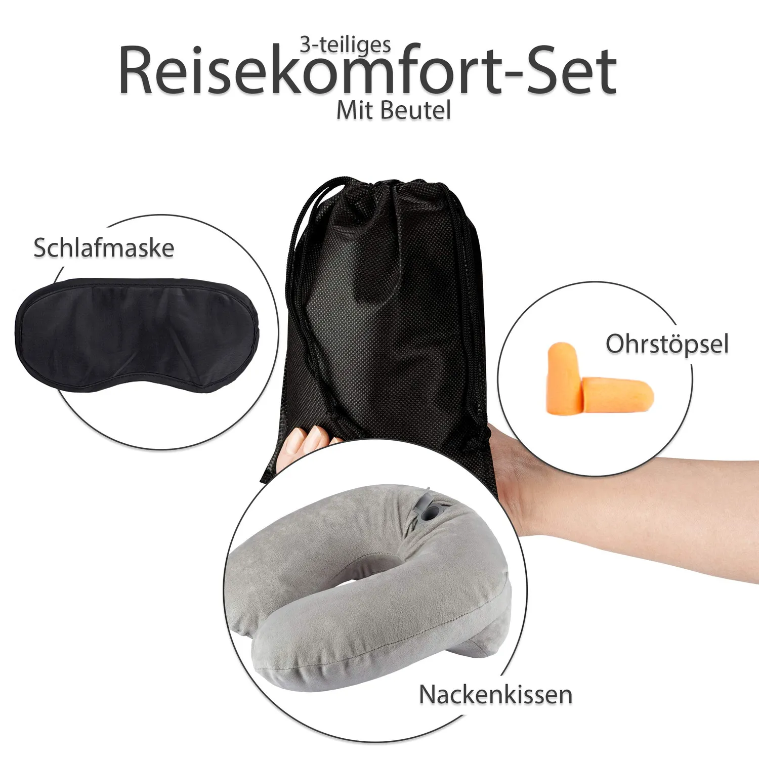 EAZY CASE Nackenkissen aufblasbar Grau mit Maske