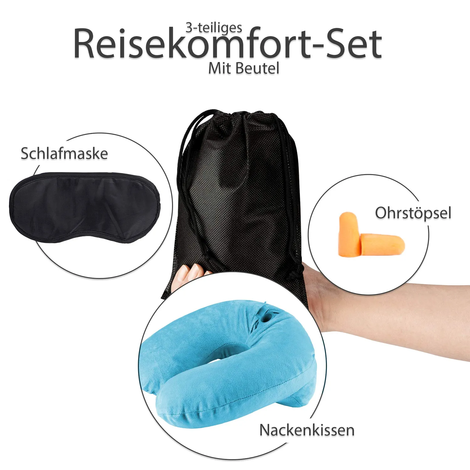 EAZY CASE Nackenkissen aufblasbar Hellblau mit Maske