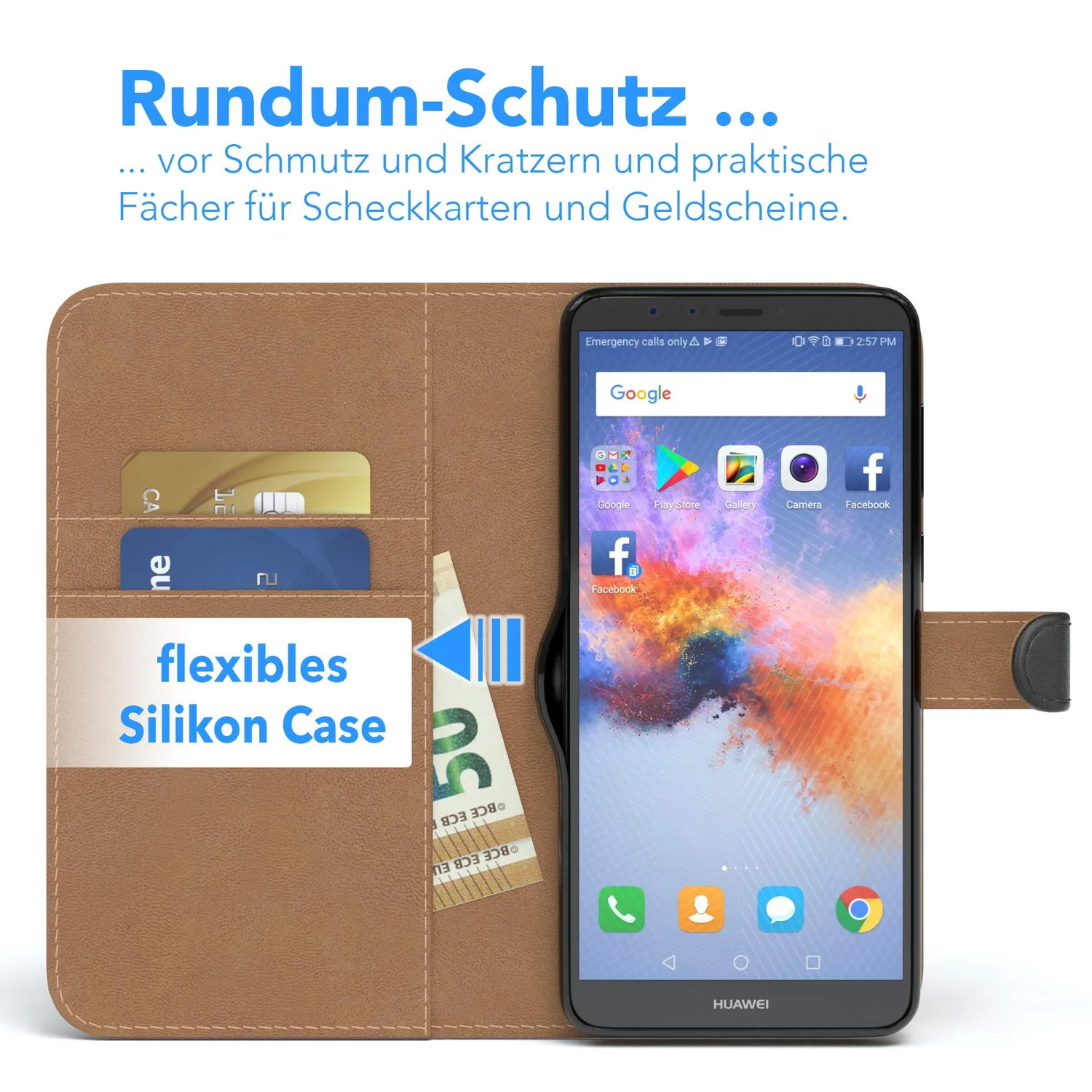 EAZY CASE Huawei Y9 2018 Klapphülle schwarz mit Kartenfach