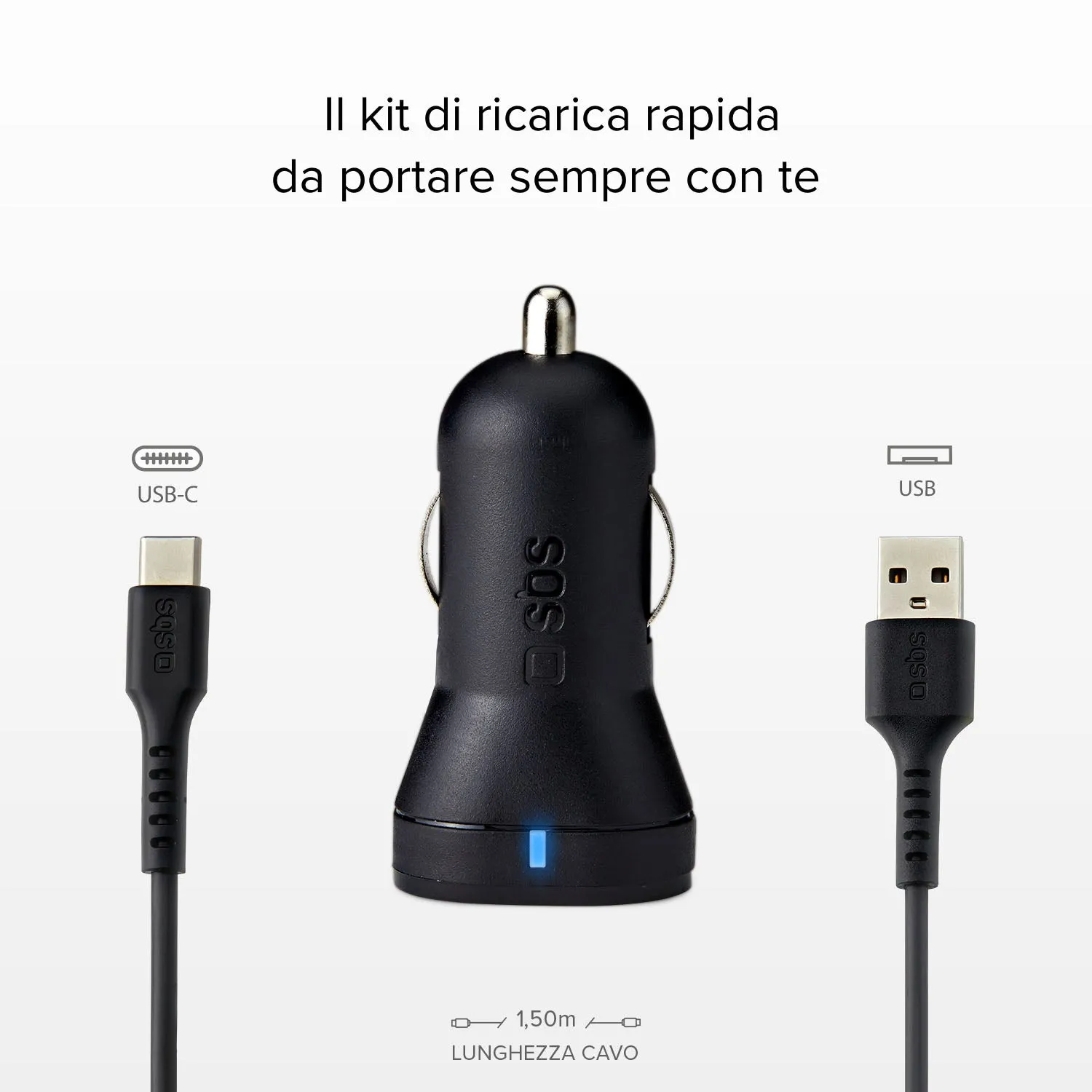 SBS 10W Auto Ladegerät 2xUSB mit USB-C Kabel Schnell
